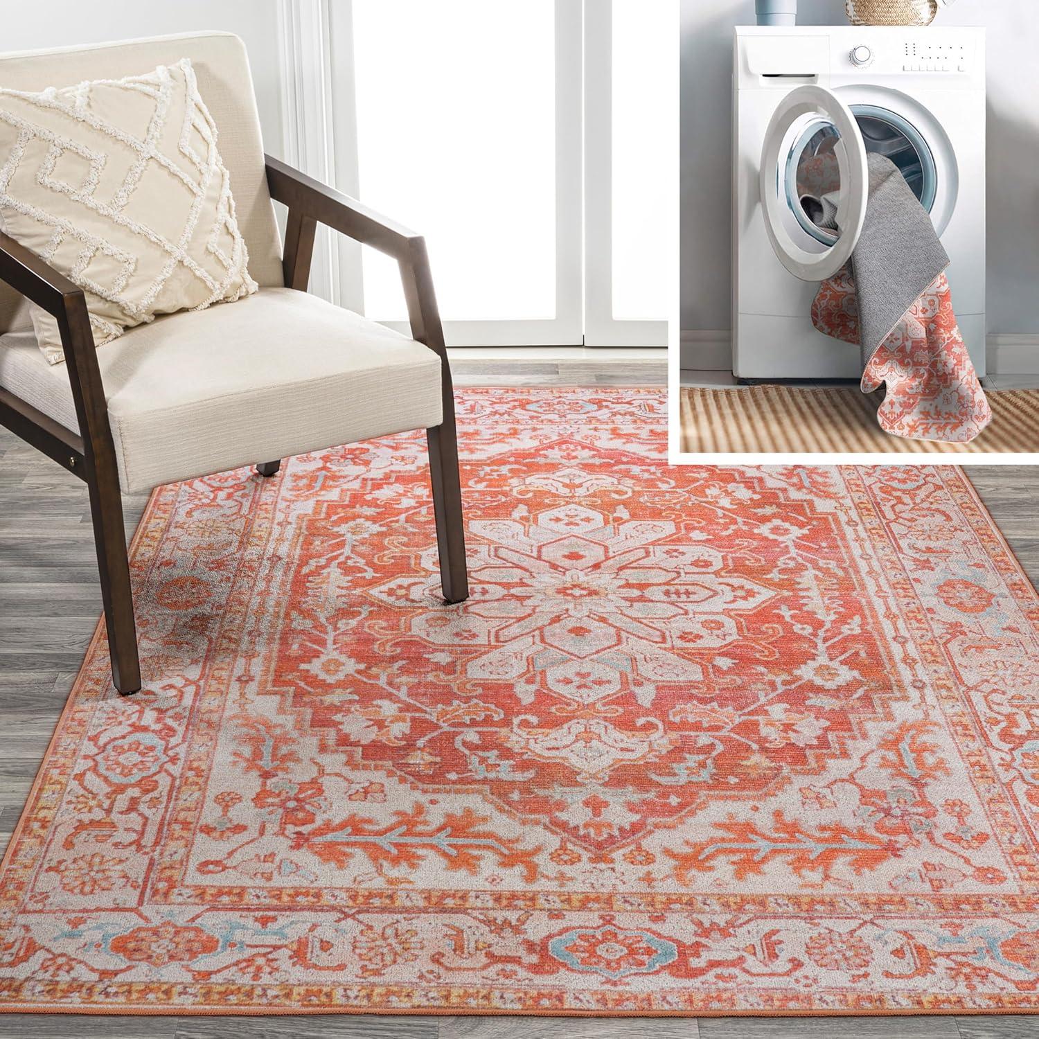 Orange and Cream Medallion Washable Synthetic Area Rug 4' x 6'