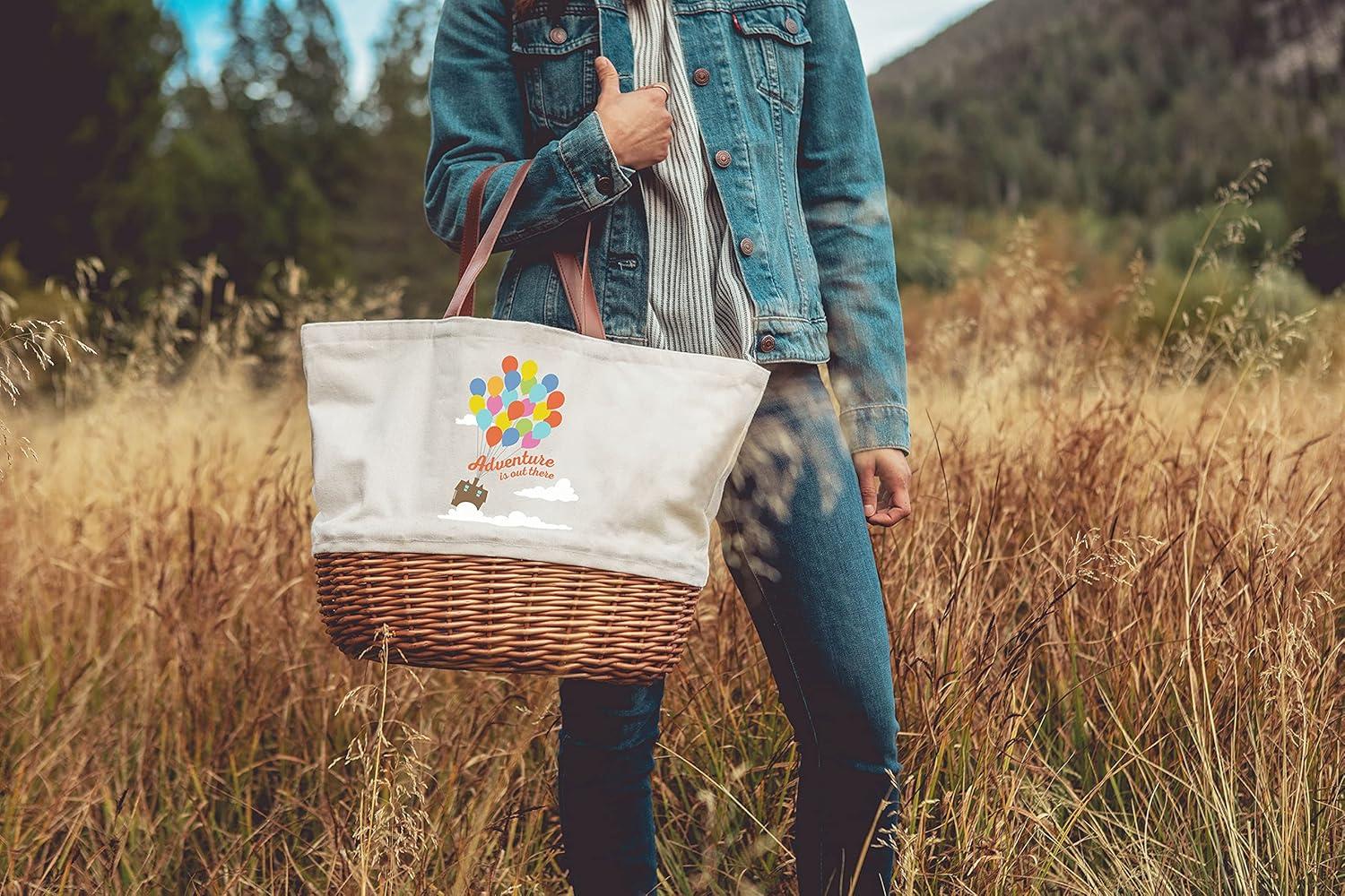 PICNIC TIME Disney UP - Coronado Canvas and Willow Basket Tote, Beige Canvas