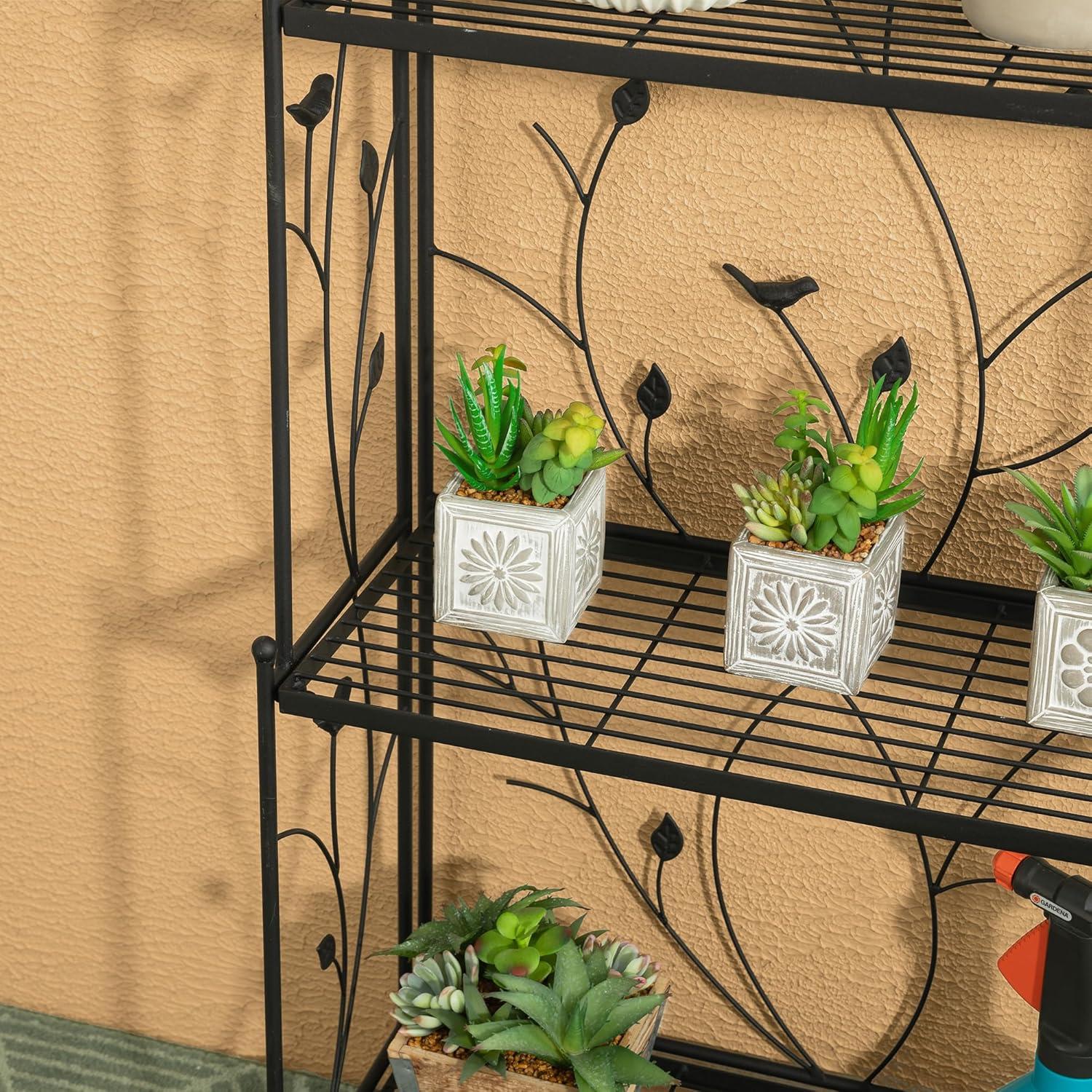 Black Metal 3-Tier Rectangular Plant Stand with Vines and Birds