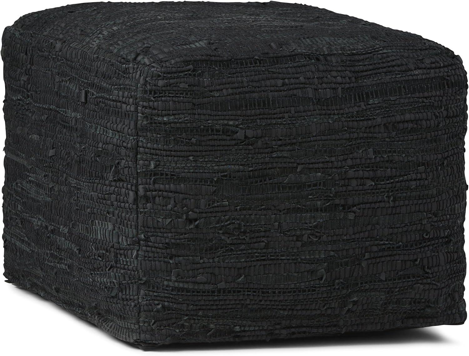 Fredrik Hand-Braided Black Leather Square Pouf Ottoman