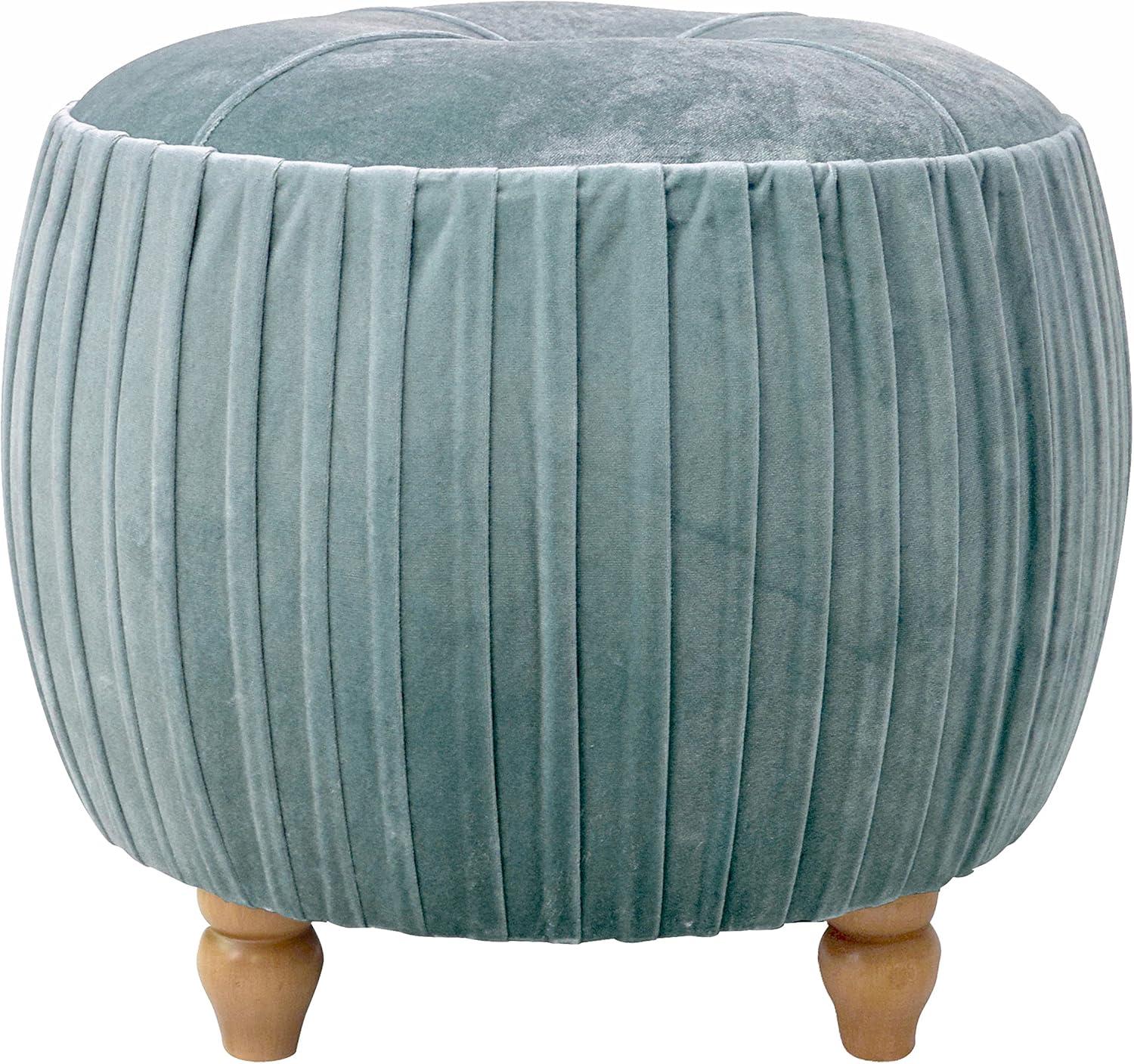 Helena Emerald Green Velvet Tufted Round Ottoman with Natural Wood Legs