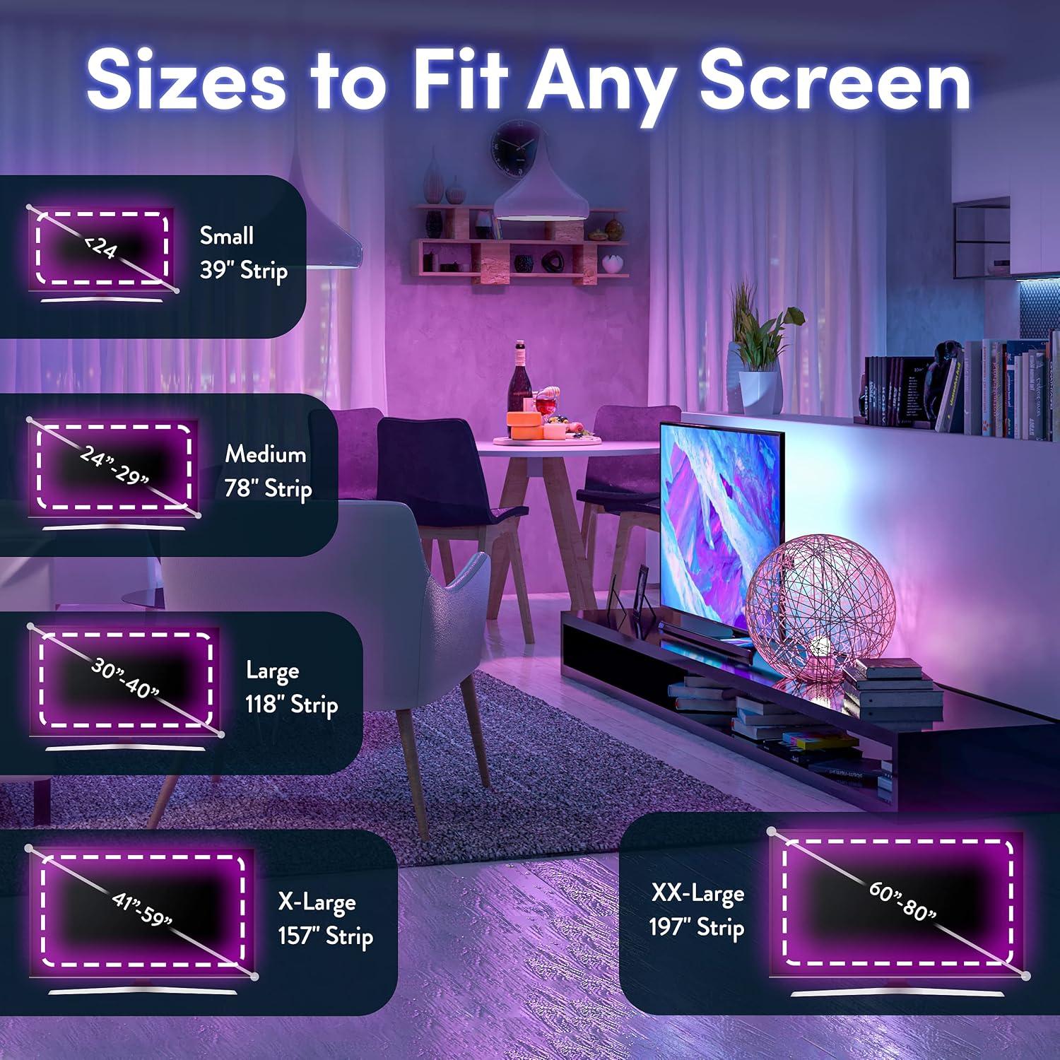 Power Practical LED Lights for TV in Living Room or Bedroom, Luminoodle Backlight, USB Powered Strips w/Remote for 15 Ambient Color Bias Lighting Options & 10 Brightness Modes, Size (60"-80" TV)