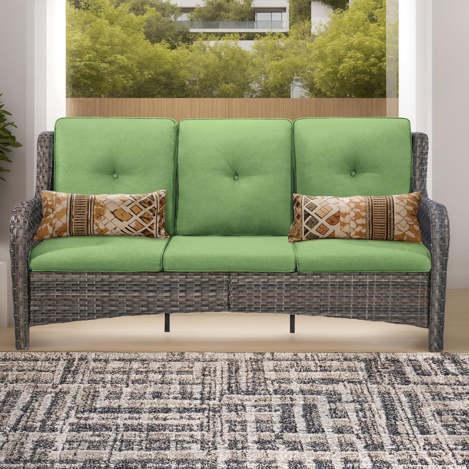 3-Seat Wicker Outdoor Patio Sofa Sectional Couch with Green Cushions