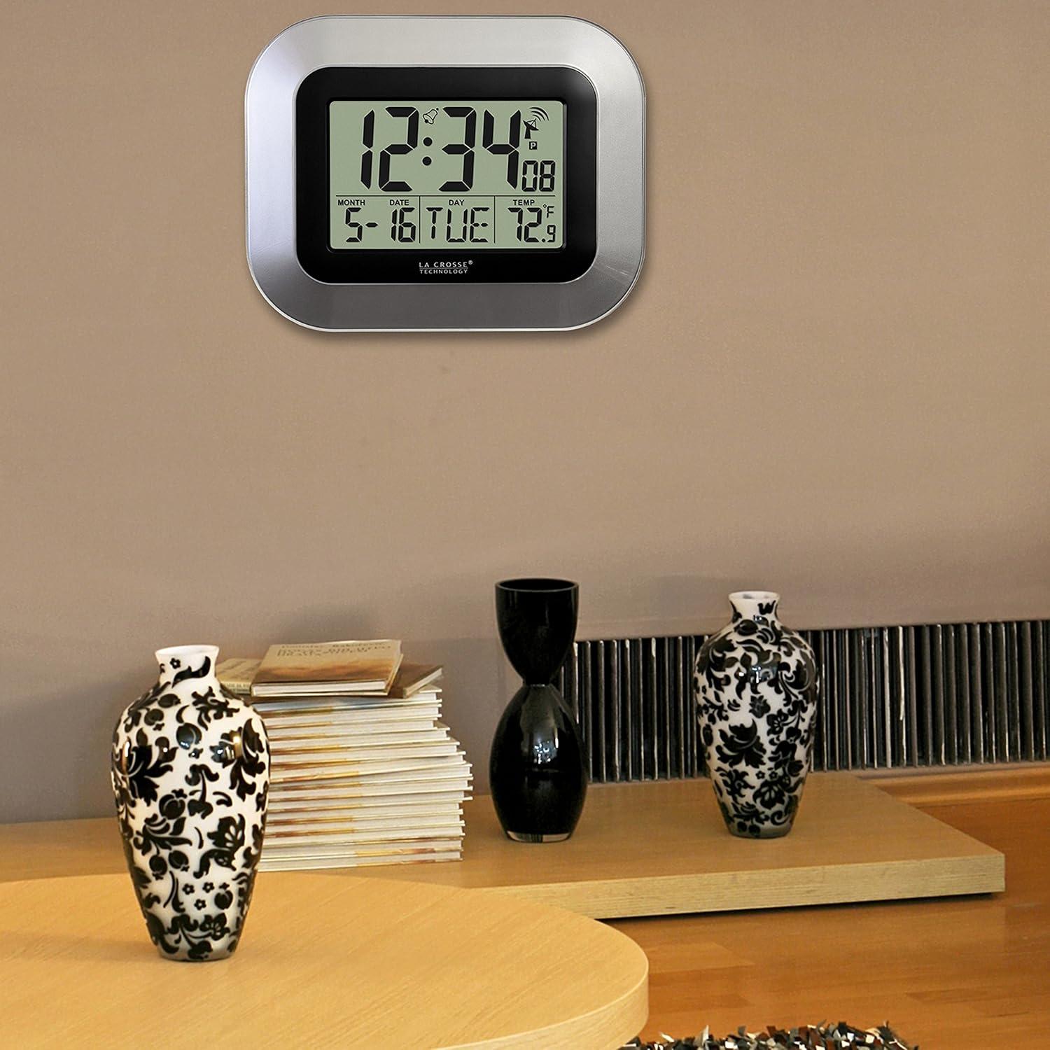 WT-8005U-S Atomic Digital Wall Clock with Indoor Temperature and Date