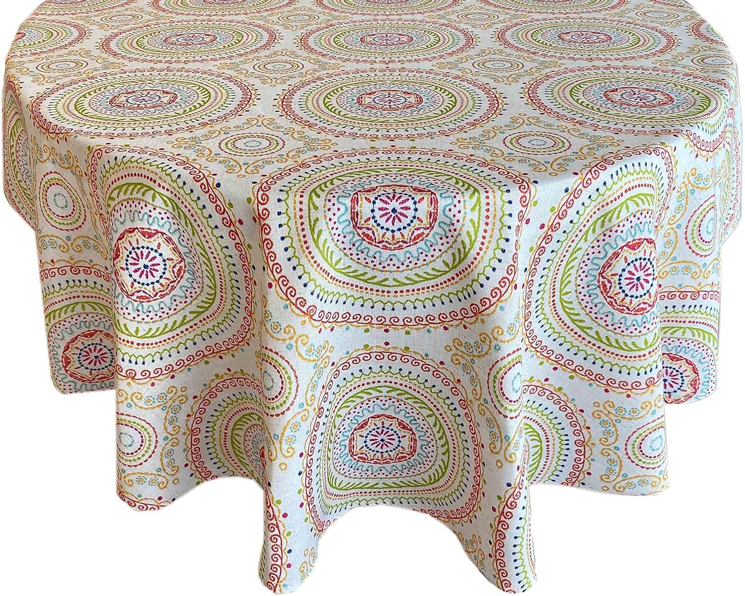 Newbridge 70 Inch Round Fabric Tablecloth, Coral and Green Circle Stitch, Indoor Outdoor No Iron Soil Resistant Dining Room, Party and Banquet Table Cover, Modern Boho Chic Print
