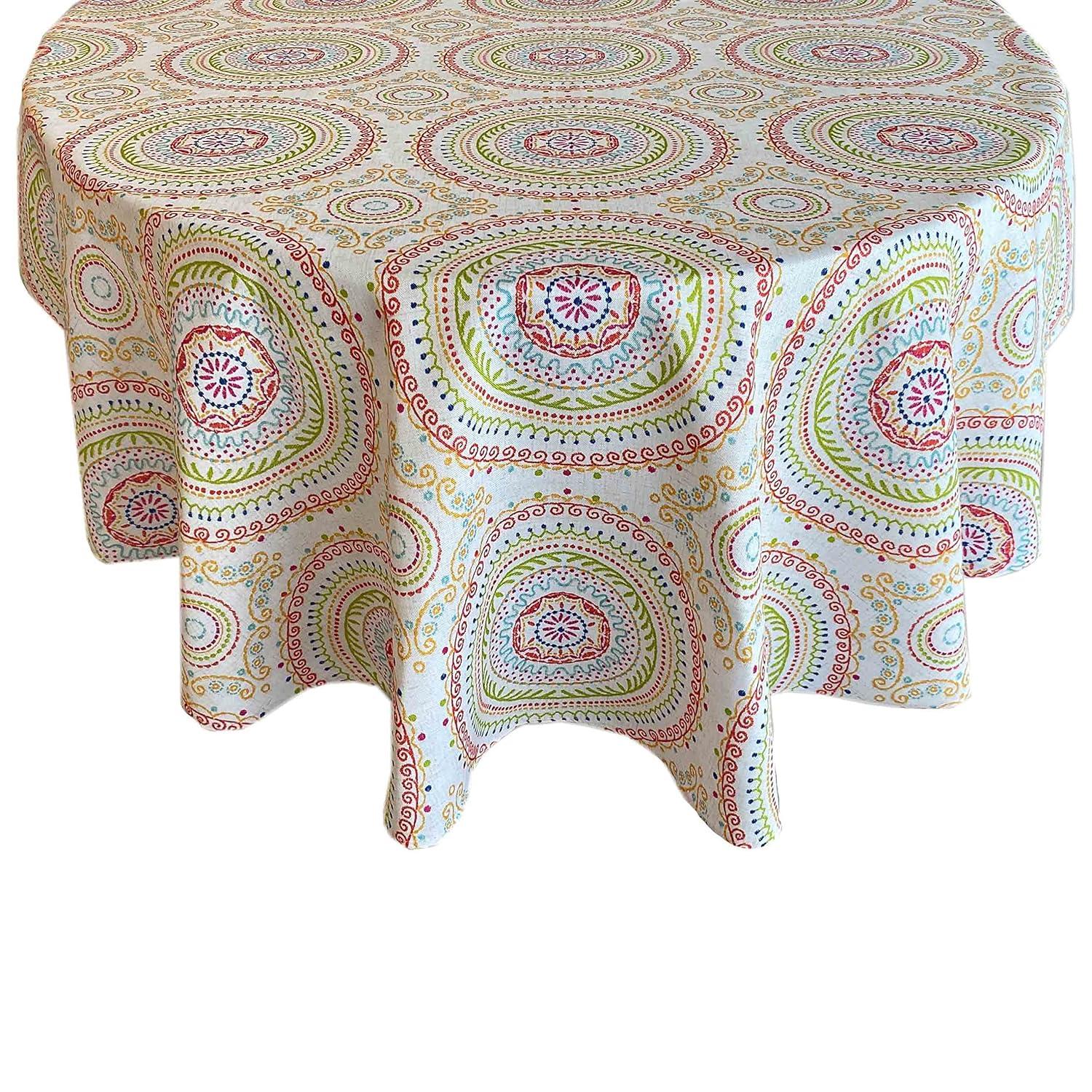 Newbridge 70 Inch Round Fabric Tablecloth, Coral and Green Circle Stitch, Indoor Outdoor No Iron Soil Resistant Dining Room, Party and Banquet Table Cover, Modern Boho Chic Print