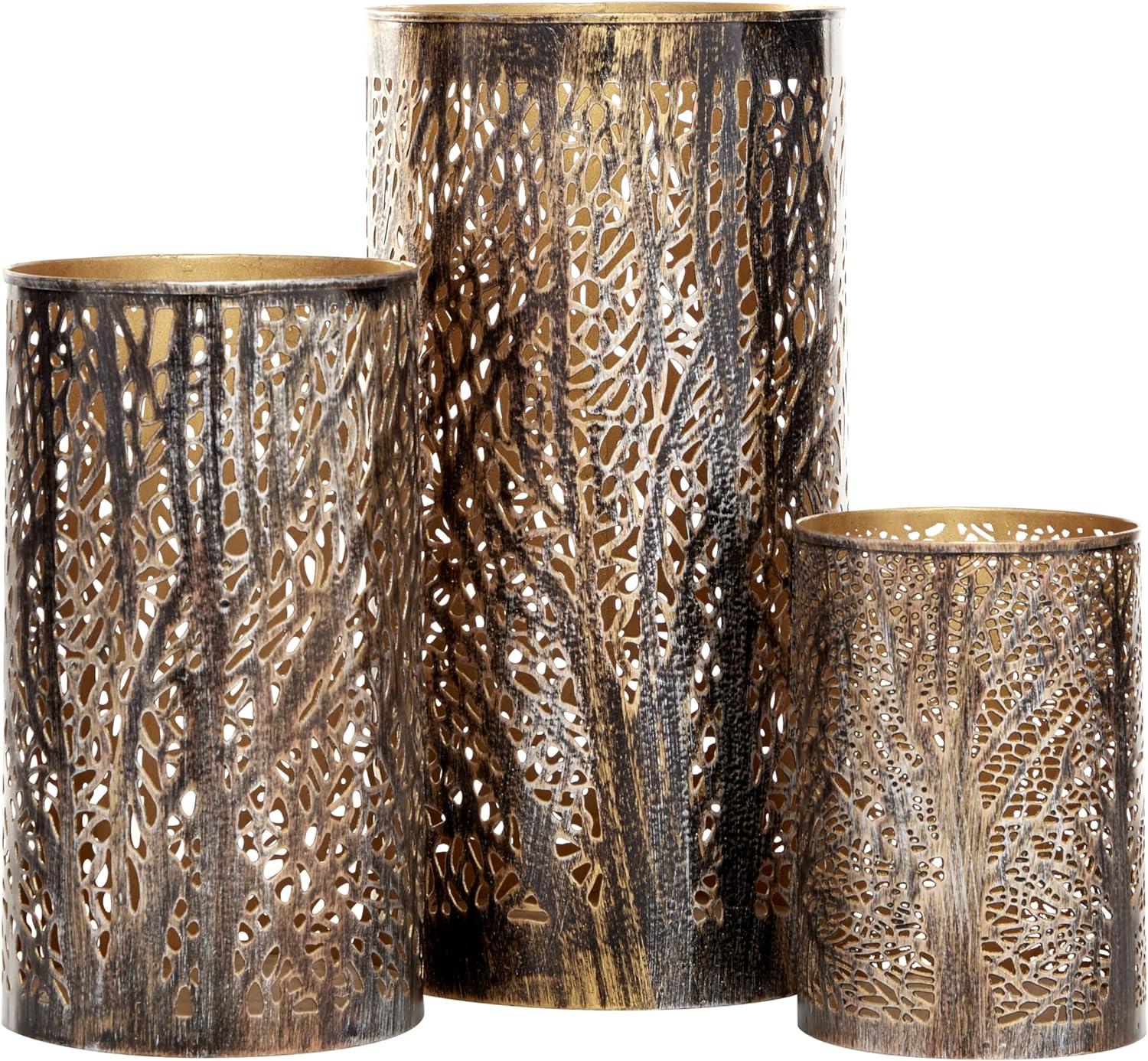 Set of 3 Leafy Cylindrical Contemporary Metal Candle Holders - Olivia & May