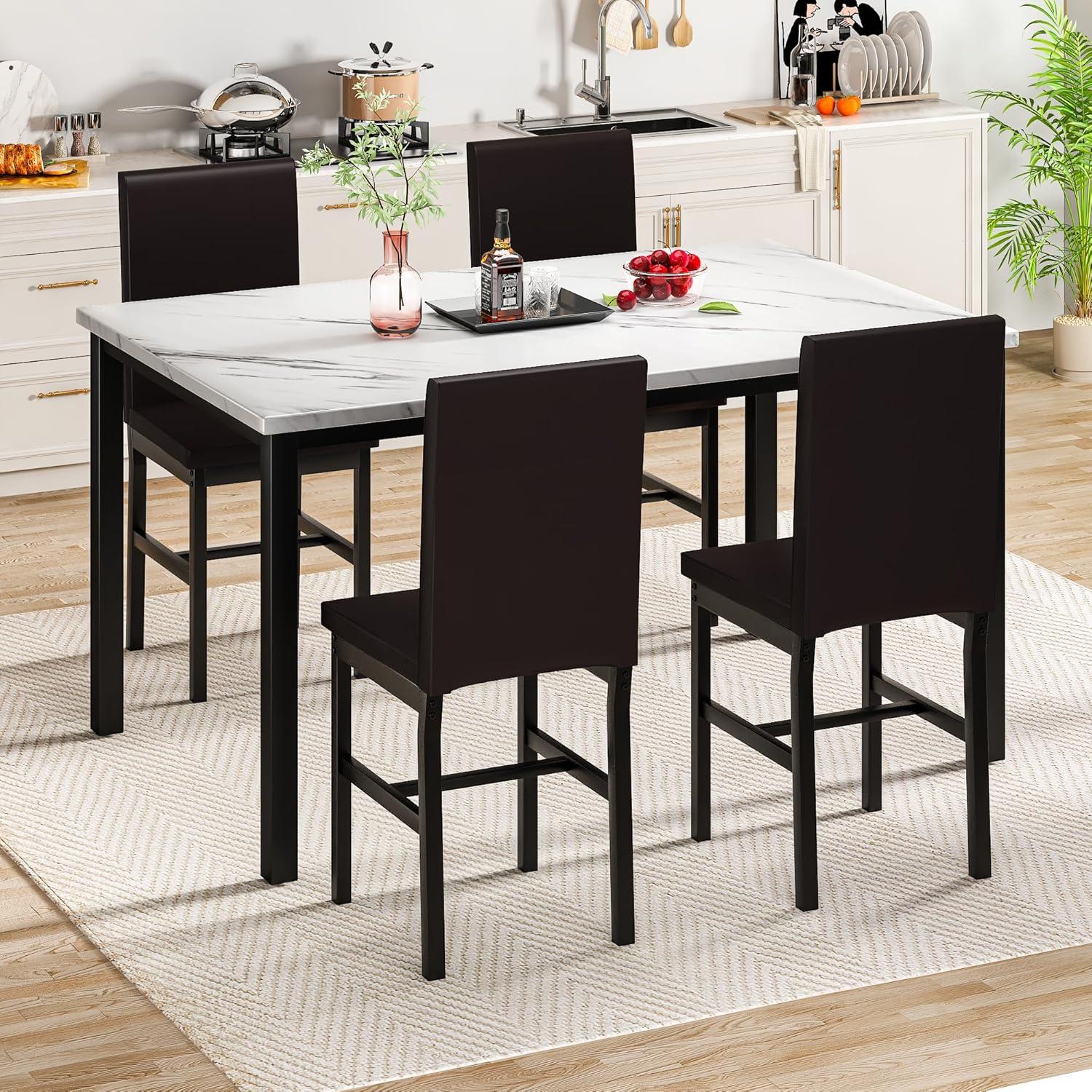 5 Piece Dining Set, Modern Dining Table and Chairs Set for 4, Kitchen Dining Table Set with Faux Marble Tabletop and 4 PU Leather Upholstered Chairs, for Small Space, Breakfast Nook, D8835