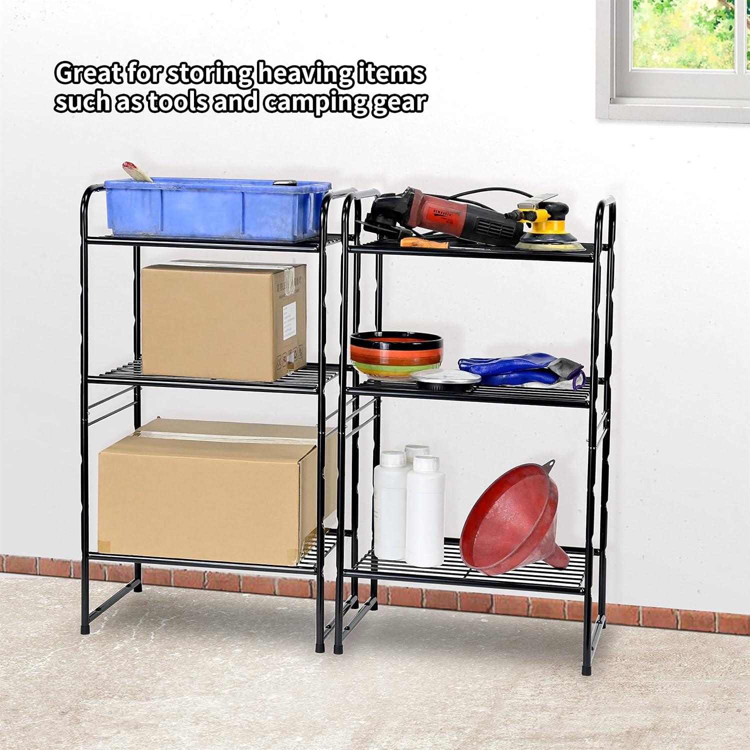Rebrilliant 3 Tier Wire Shelves For Storage Rack Outdoor Indoor Waterproof, Stackable Metal 17.7-Inch Bathroom Organizer Shelf Stand, Perfect For Kitchen, Black