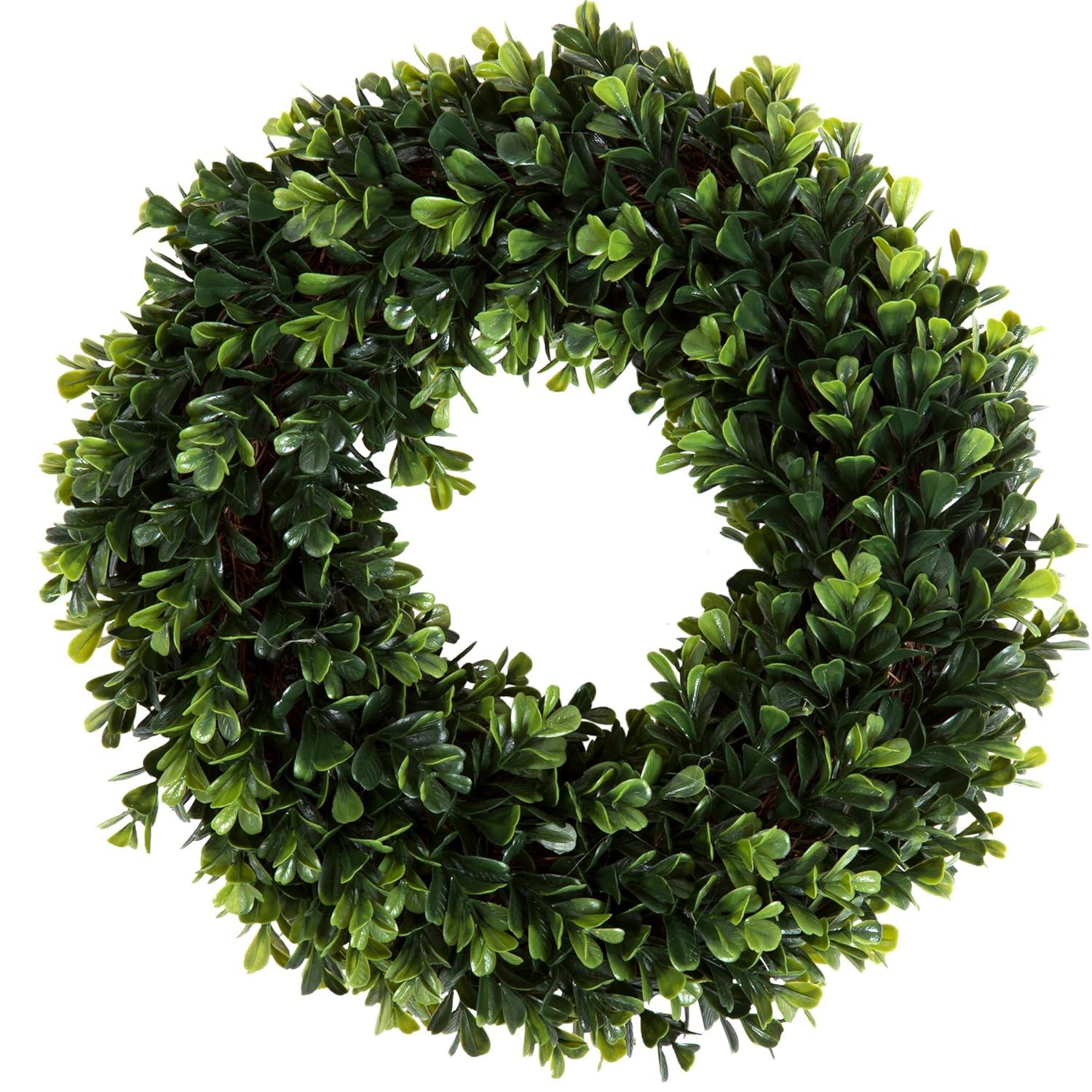 Artificial Boxwood Wreath - 12 Inch UV-Resistant Plastic Front Door Wreath and Window Decor for Spring and Summer by Pure Garden (Green)
