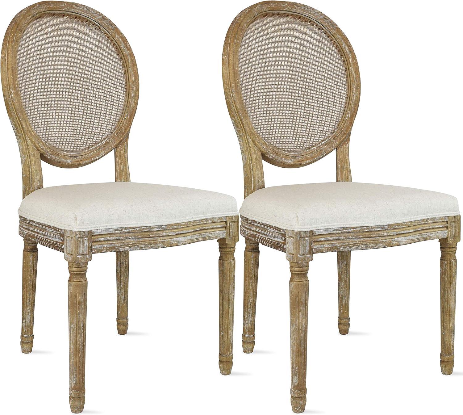 2xhome - French Chic Vintage Style Dining Side Chair With Upholstered Linen Welted Fabric And Elegant Natural Rustic Wood Frame - Rattan Wicker Oval Back, Set of 1, 1 piece