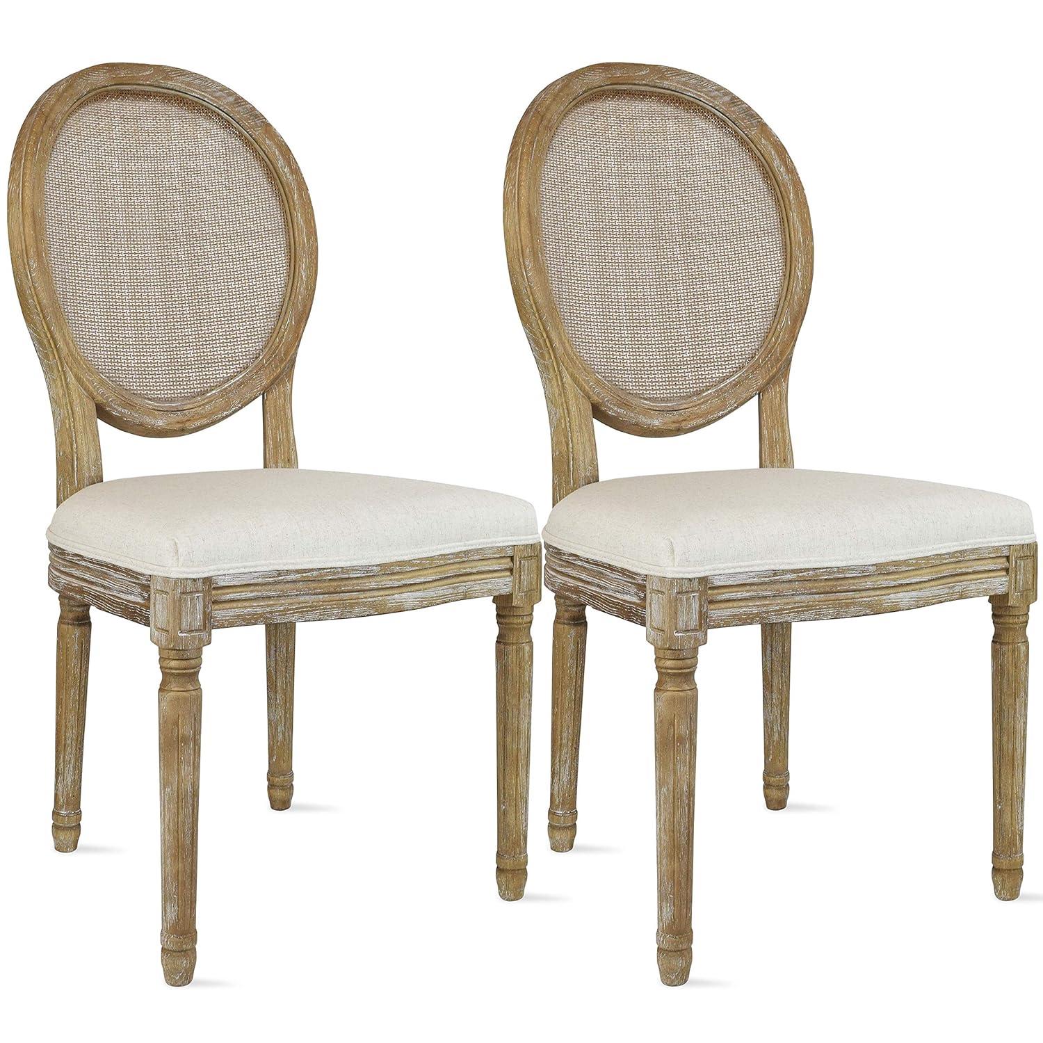 2xhome - French Chic Vintage Style Dining Side Chair With Upholstered Linen Welted Fabric And Elegant Natural Rustic Wood Frame - Rattan Wicker Oval Back, Set of 1, 1 piece