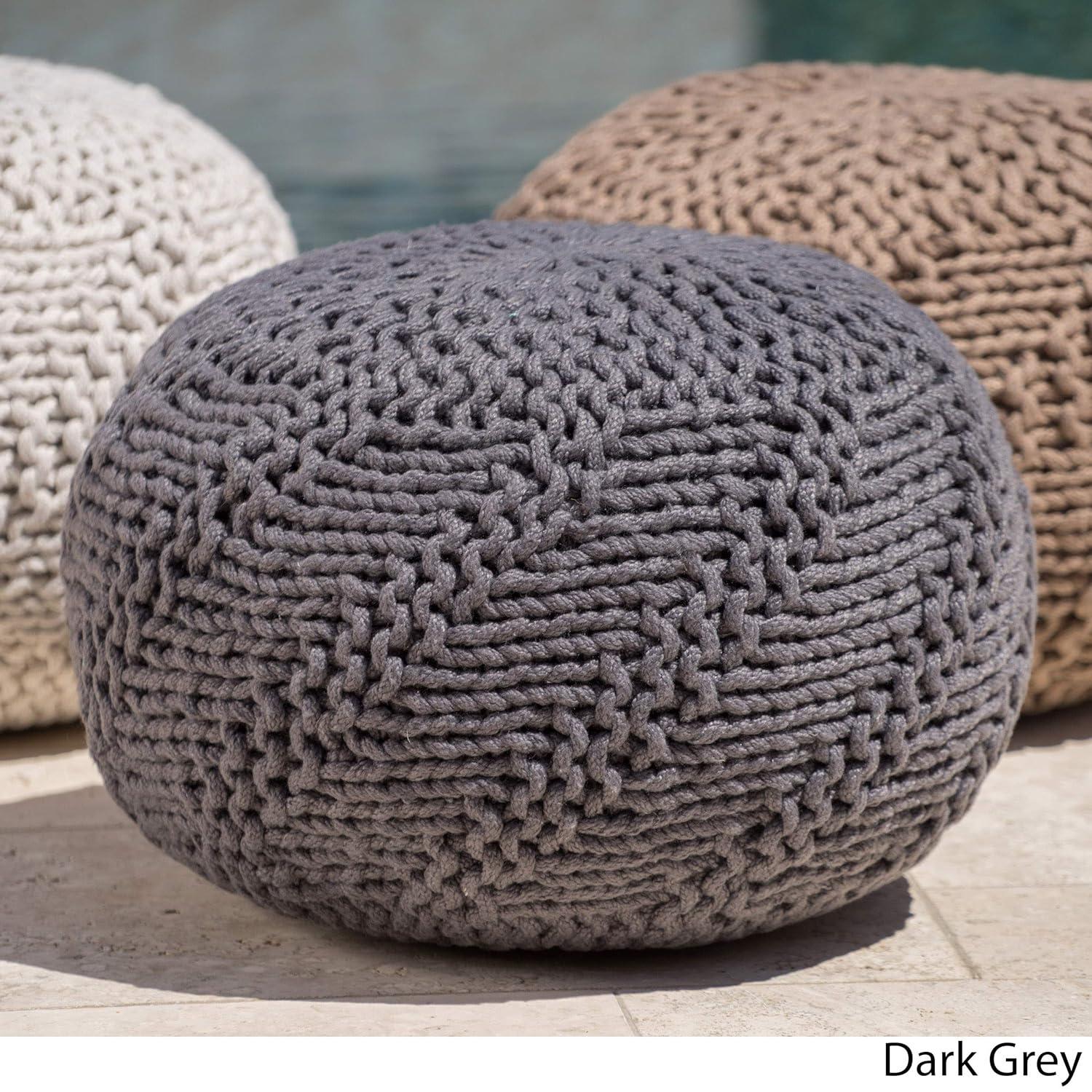 GDF Studio Ashbury Outdoor Modern Handmade Cotton Knit Round Pouf, Dark Gray