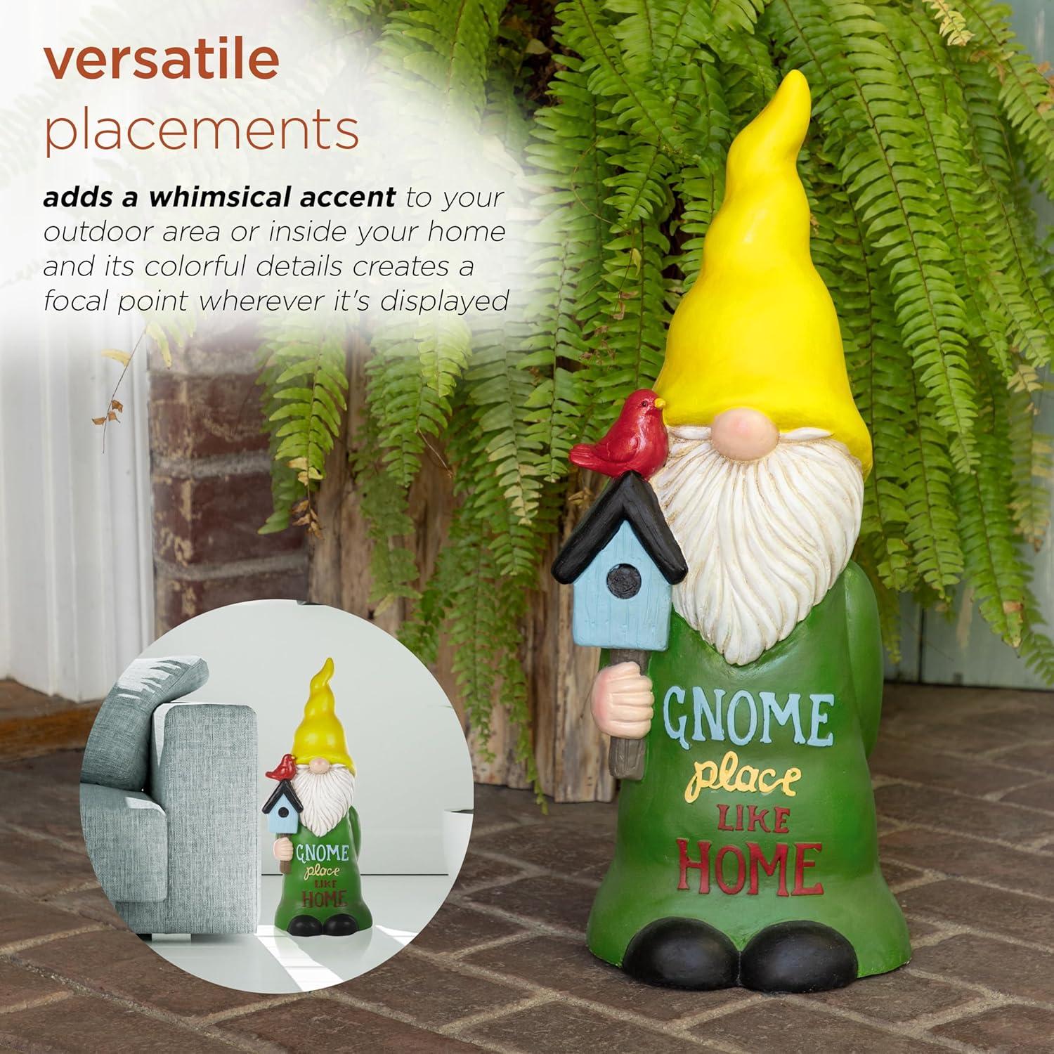 24" Magnesium Oxide "Gnome Place Like Home" Indoor/Outdoor Garden Gnome Statue Green/Yellow - Alpine Corporation