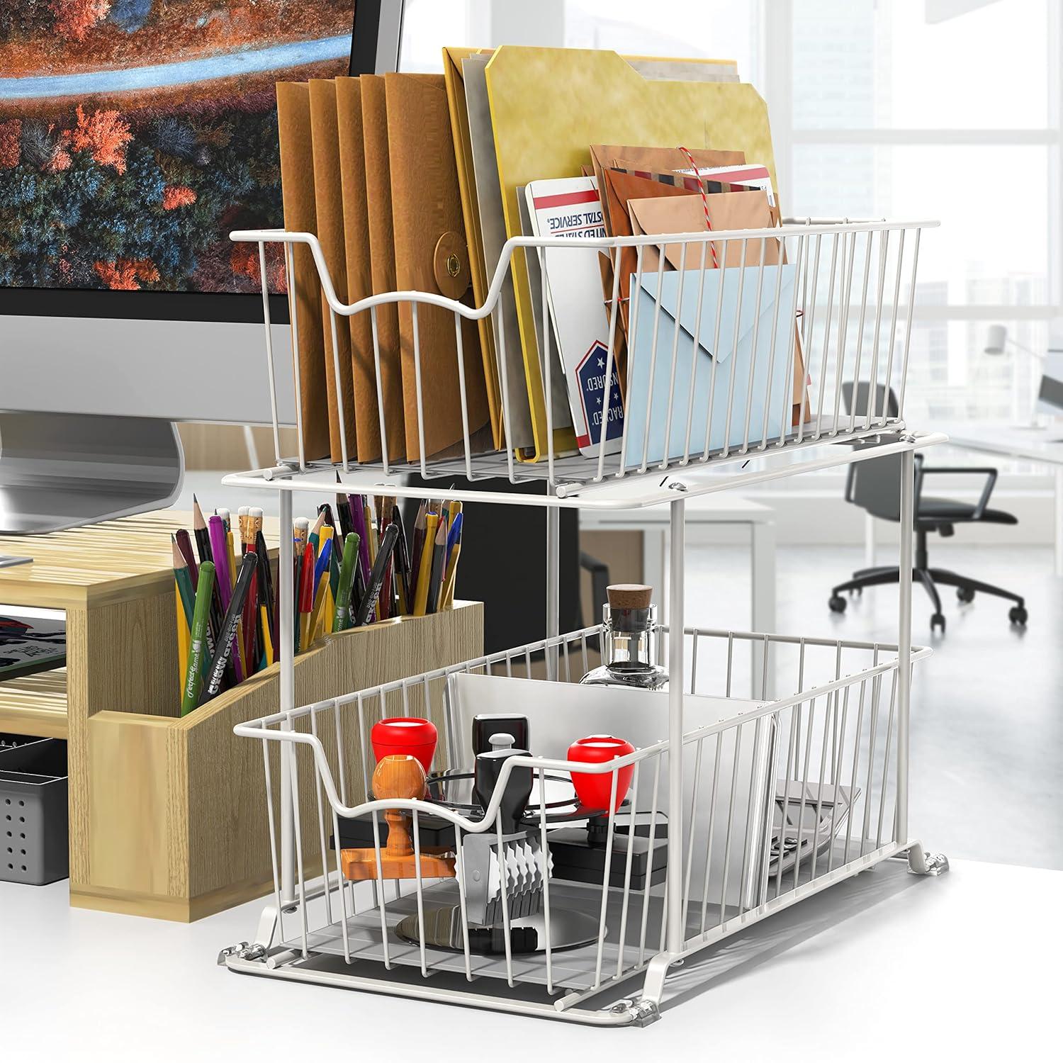 White 2-Tier Wire Basket Drawer Organizer