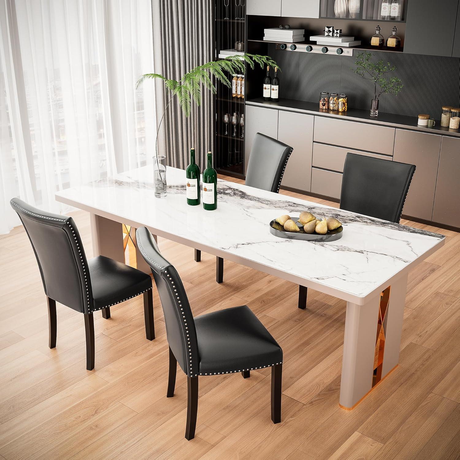 Colamy Black Upholstered Wood Legs Parsons Leather Dining Chairs with Nail head Trim Set of 2 for Dining Room