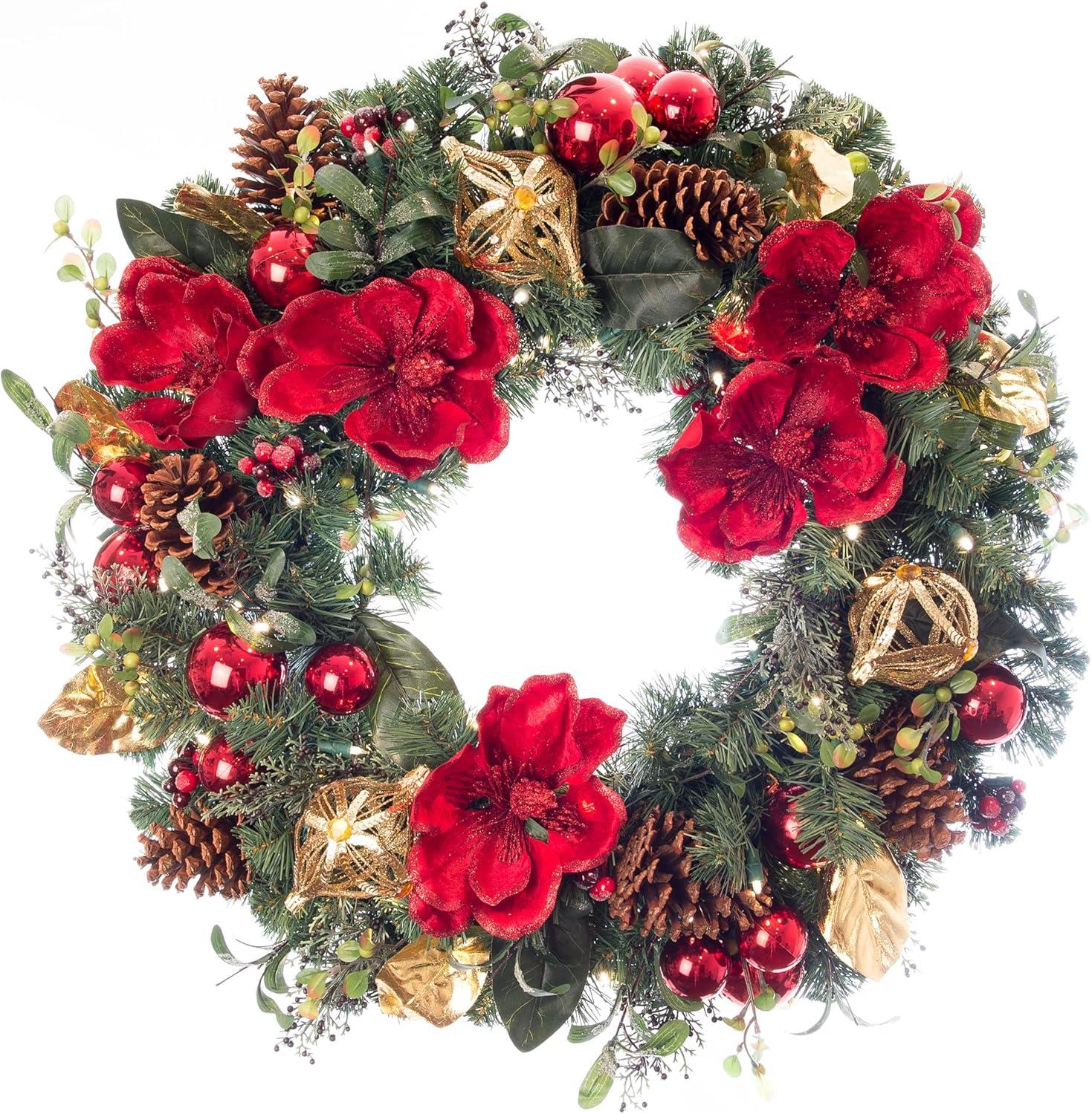 30" Red Magnolia Pre-Lit Christmas Wreath with LED Lights