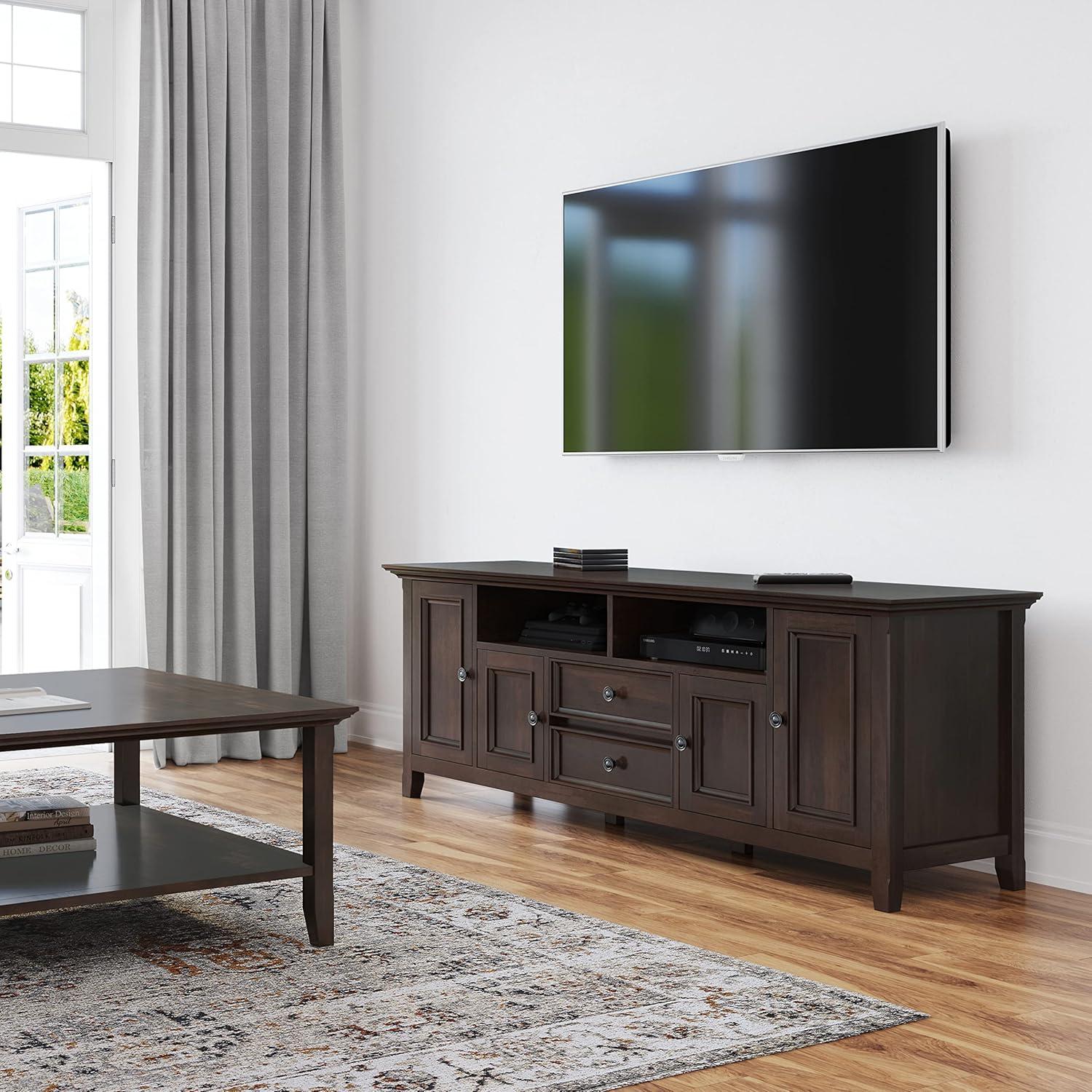 Simpli Home Amherst Solid Wood 72 inch Wide Transitional TV Media Stand in Brunette Brown For TVs up to 80 inches