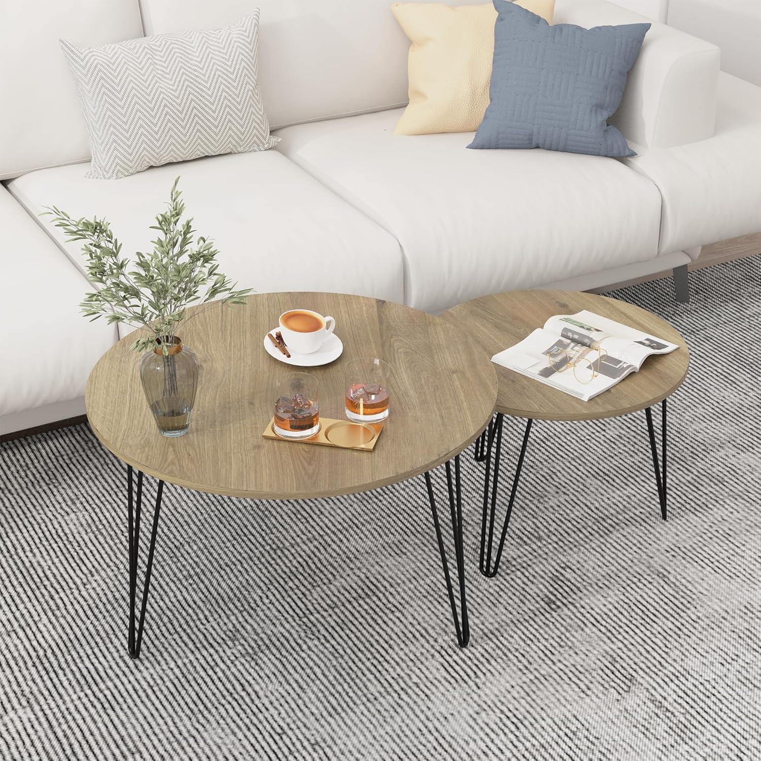Yesfashion 27.56" Nesting Coffee Table Set Of 2, Modern Round Marble Pattern Wooden Side Tables With Metal Frame, Circular Nesting End Table Set For Living Room