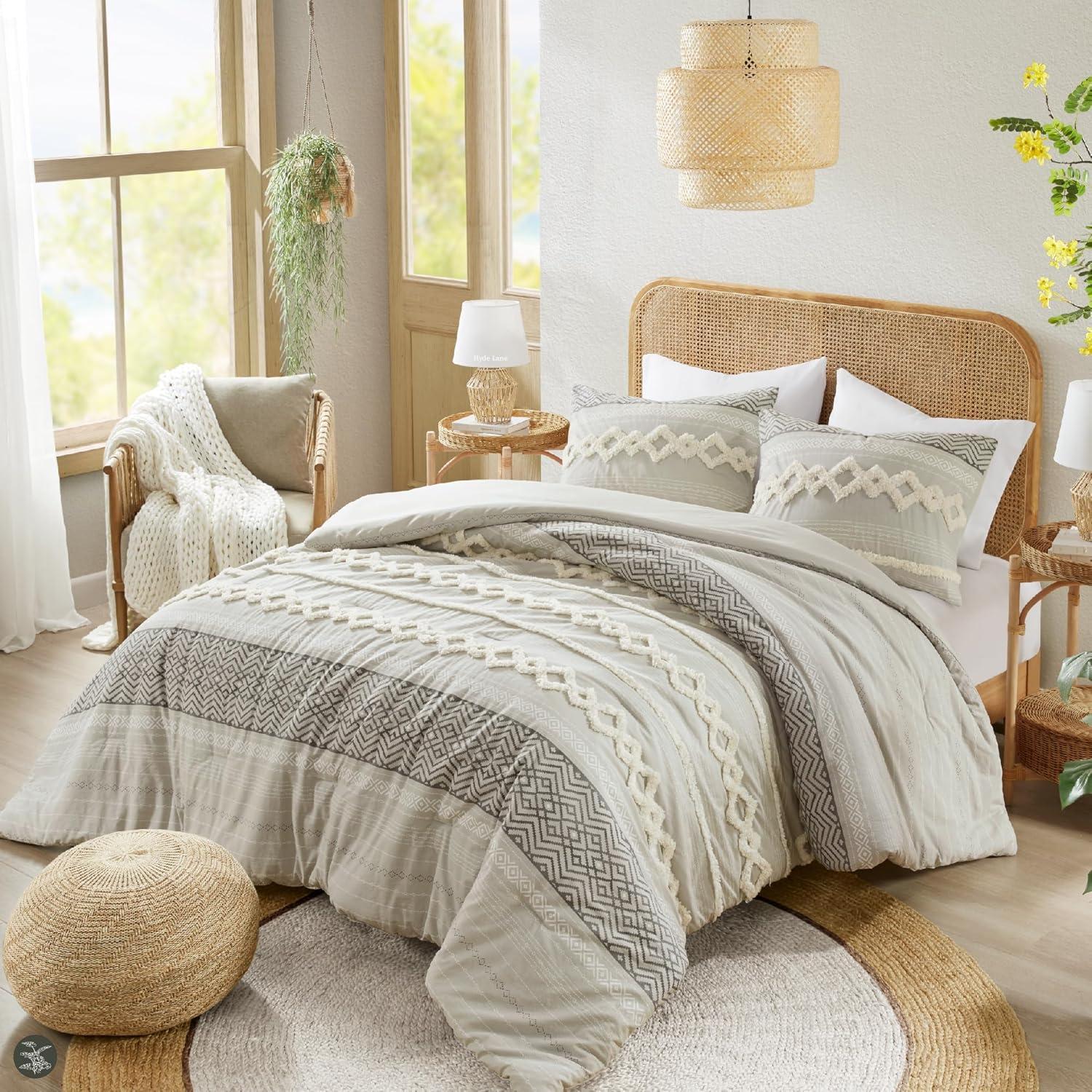 Gray Cotton Full Comforter Set with Jacquard Stripes