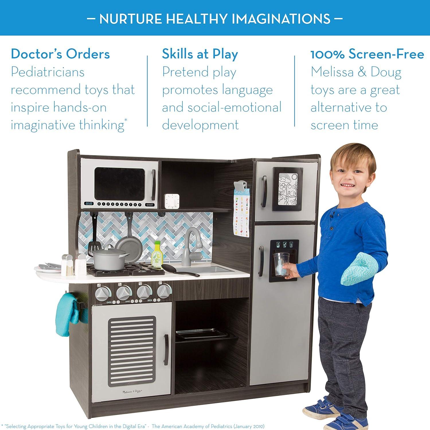 Melissa & Doug Chef's Wooden Pretend Play Kitchen for Kids with "Ice" Cube Dispenser - Charcoal Gray