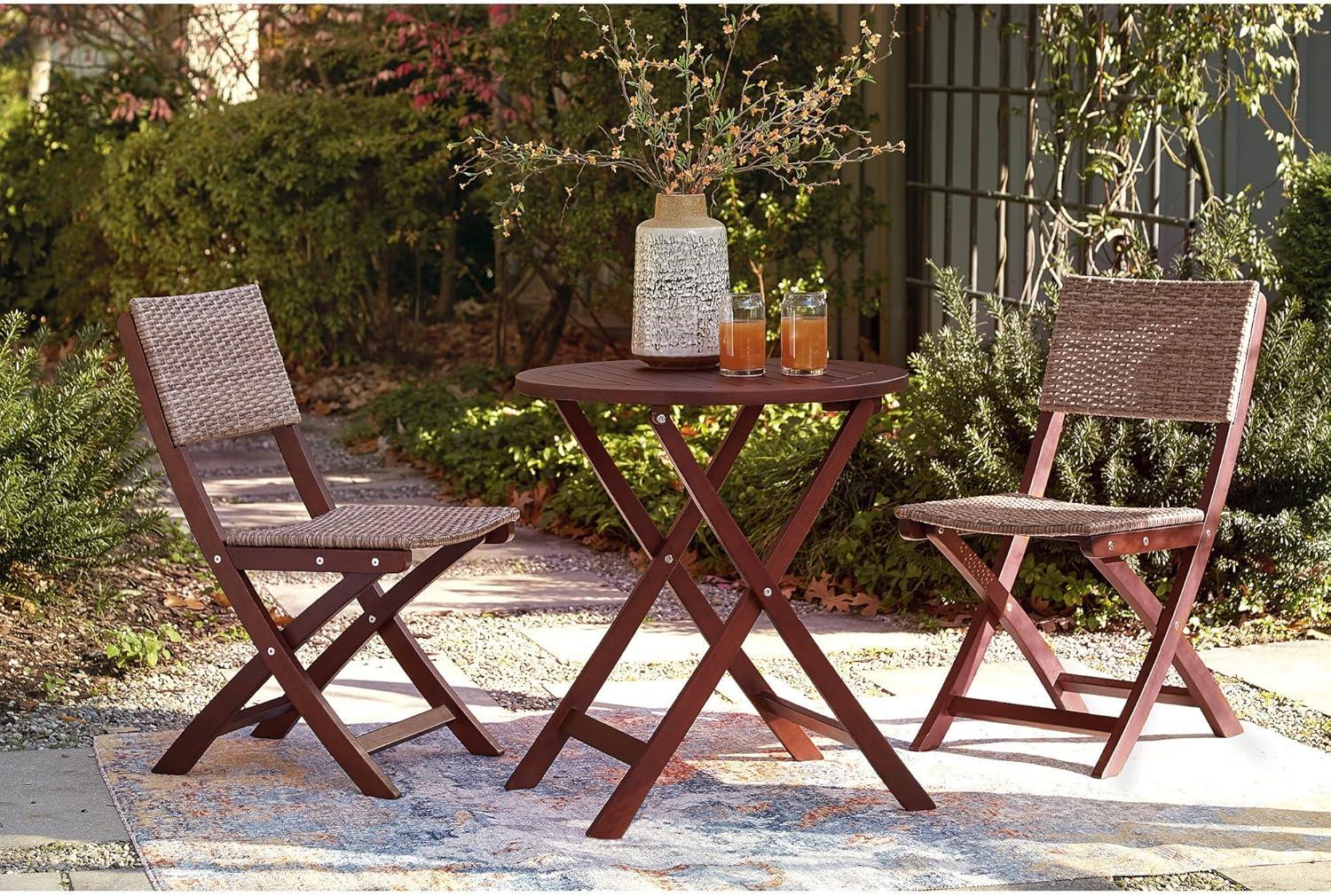 Signature Design by Ashley Safari Peak Casual Outdoor Eucalyptus Wood Folding Table and 2 Chairs with Locking Mechanism, Set of 3, Dark Brown