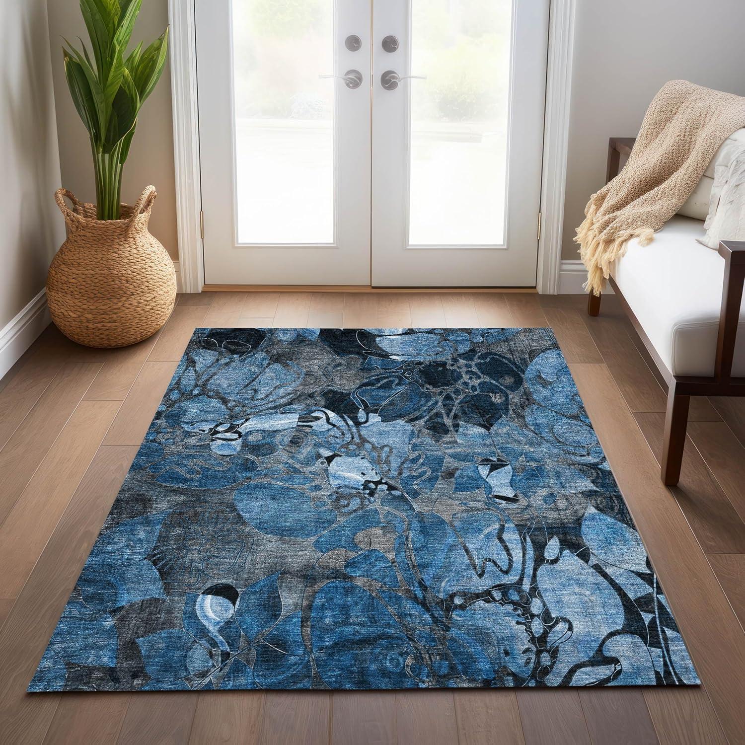 Blue Floral Synthetic 9' x 12' Washable Area Rug