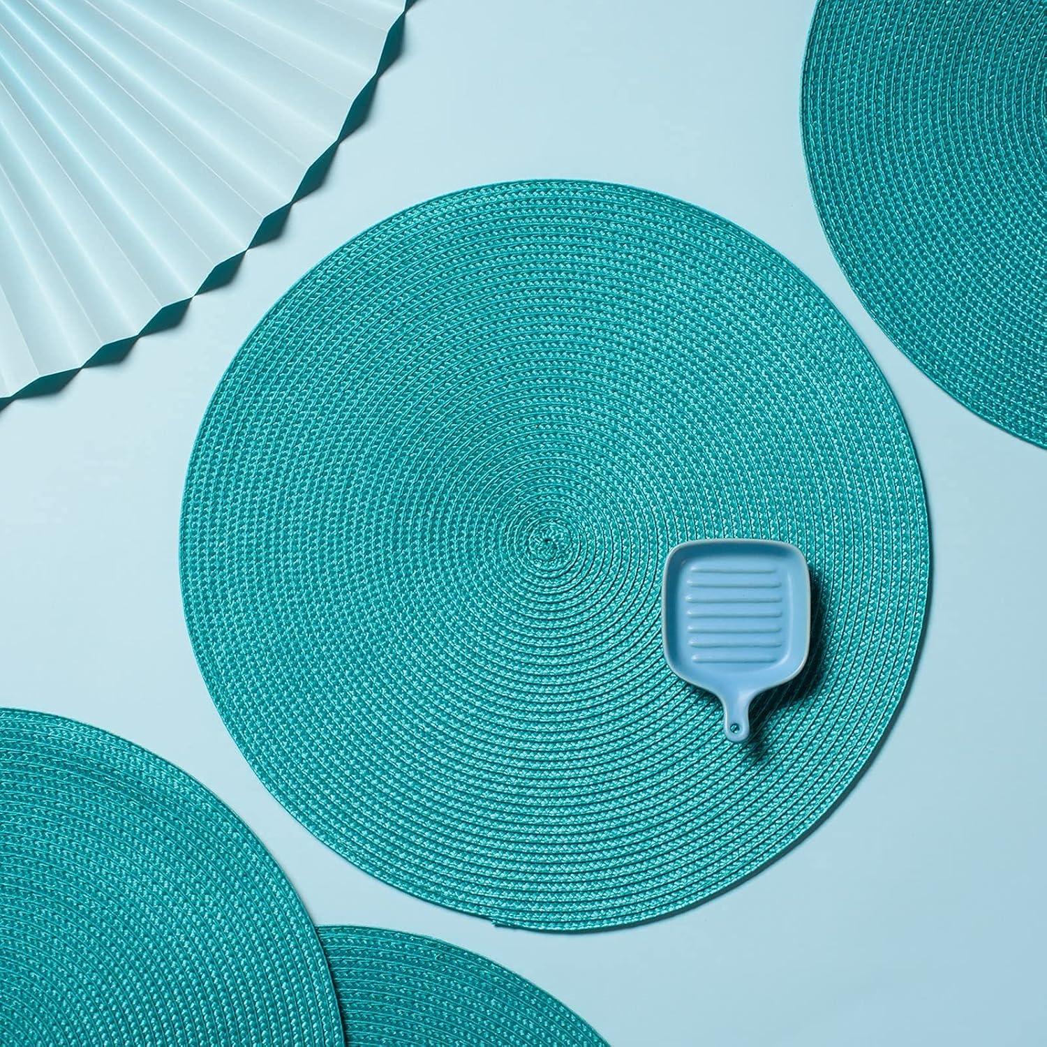 Aqua Woven Round Placemats Set of 6, 14.75"