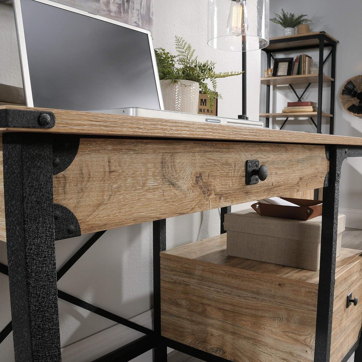 Milled Mesquite Industrial Wood and Black Metal Desk with Drawer