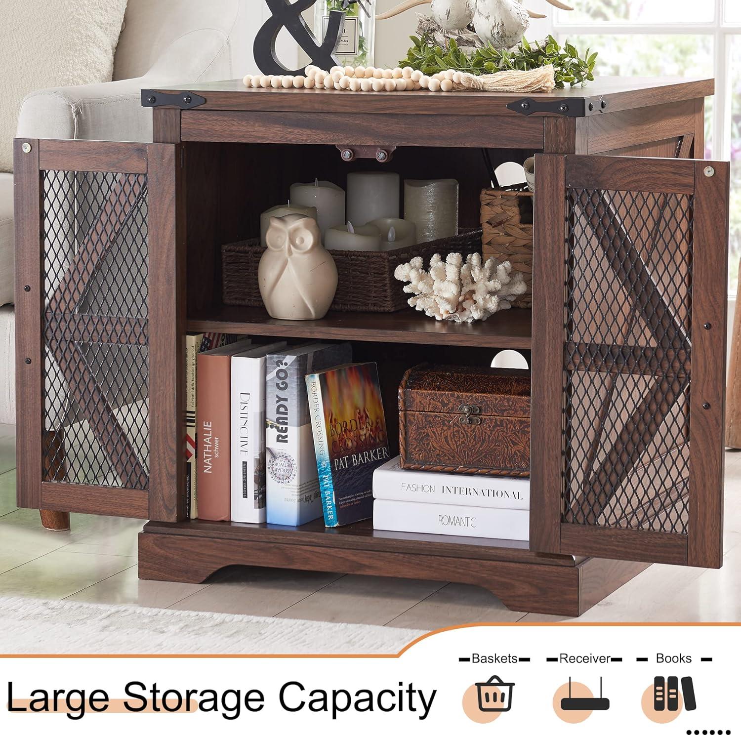 Farmhouse End Table, 24" Large Sofa Side Table with Charging Station, Mesh Barn Door, and Adjustable Storage Shelf, Rustic Wood Square Nightstand for Living Room, Bedroom, Office, Brown