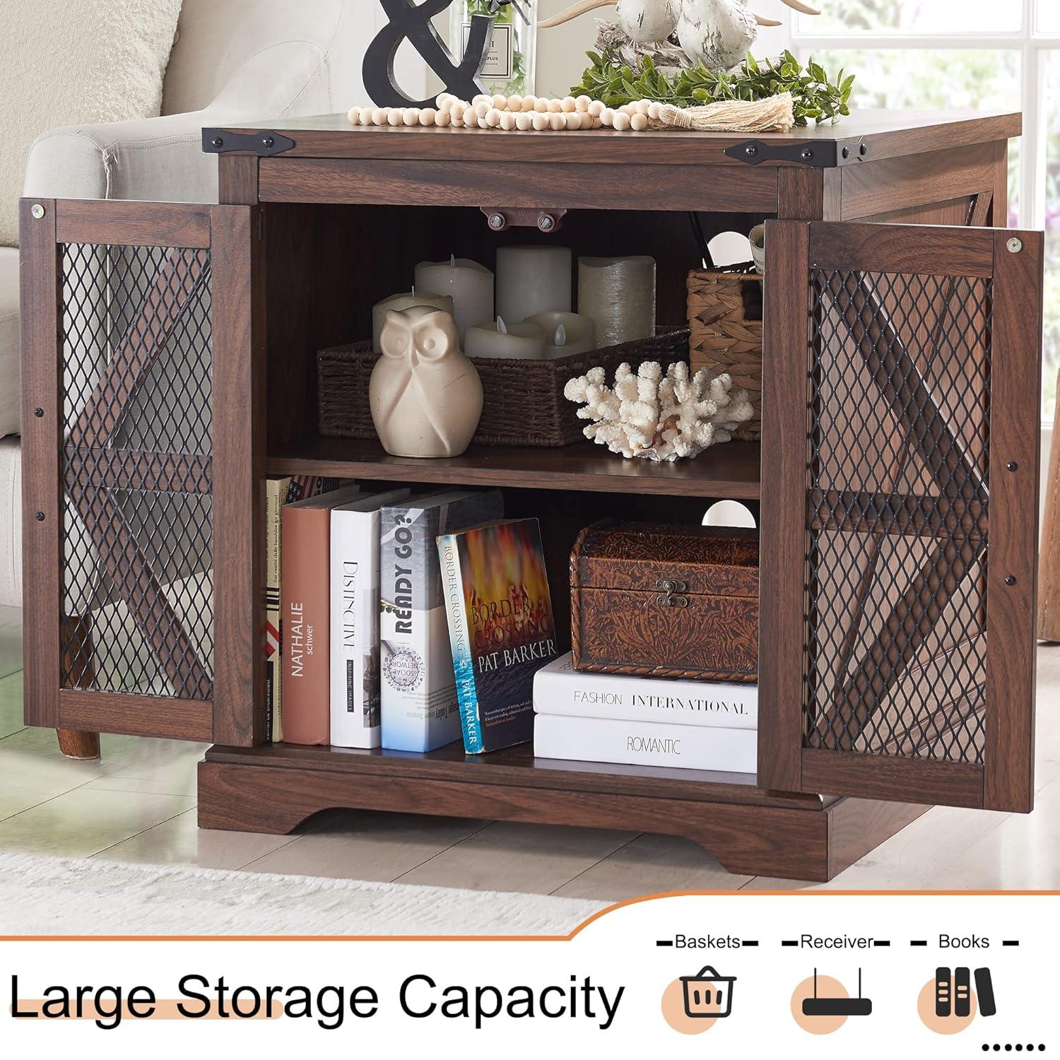 Farmhouse End Table, 24" Large Sofa Side Table with Charging Station, Mesh Barn Door, and Adjustable Storage Shelf, Rustic Wood Square Nightstand for Living Room, Bedroom, Office, Brown