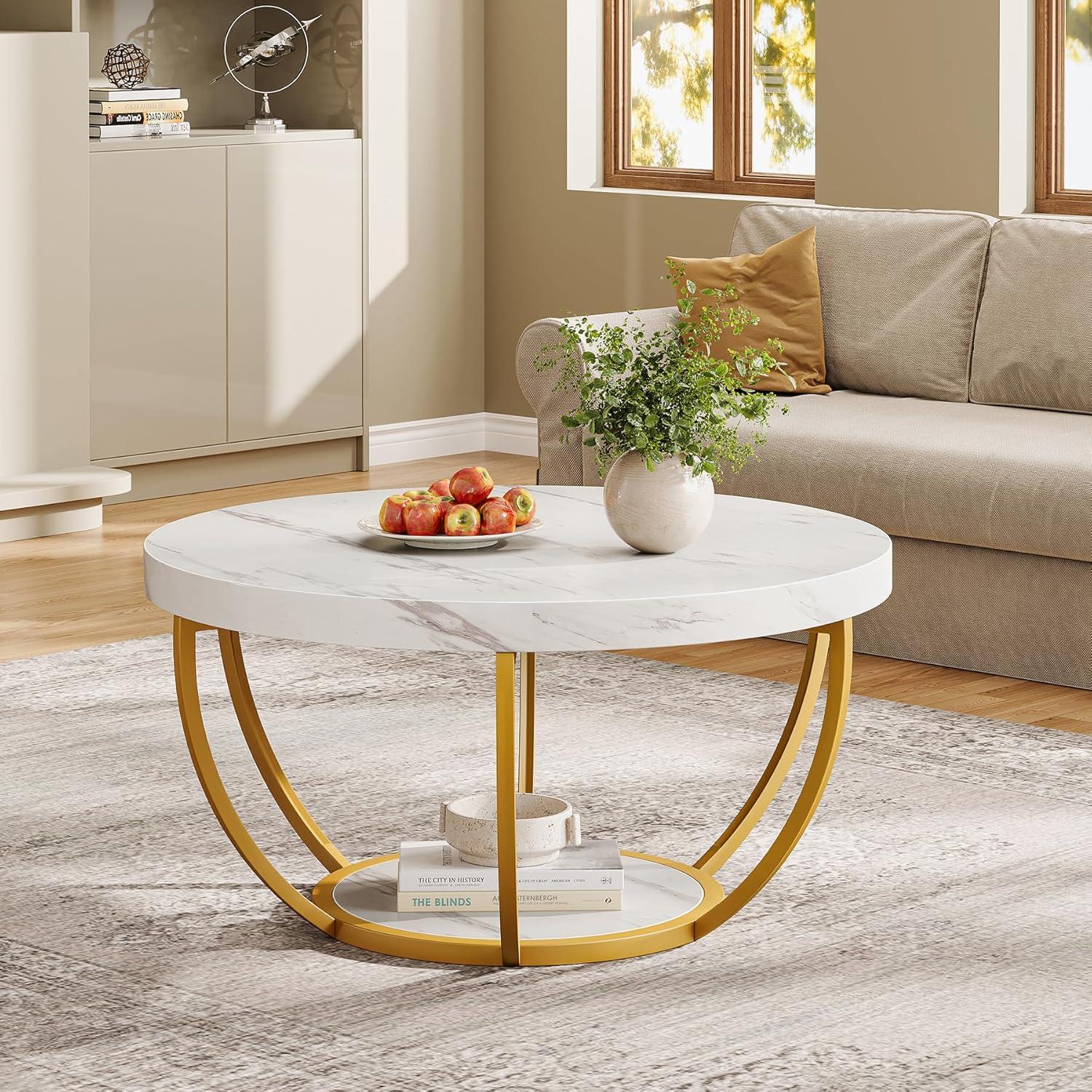 Kepooman Wooden Coffee Table, 2-Tier Round Central Cocktail Table with Shelves,White