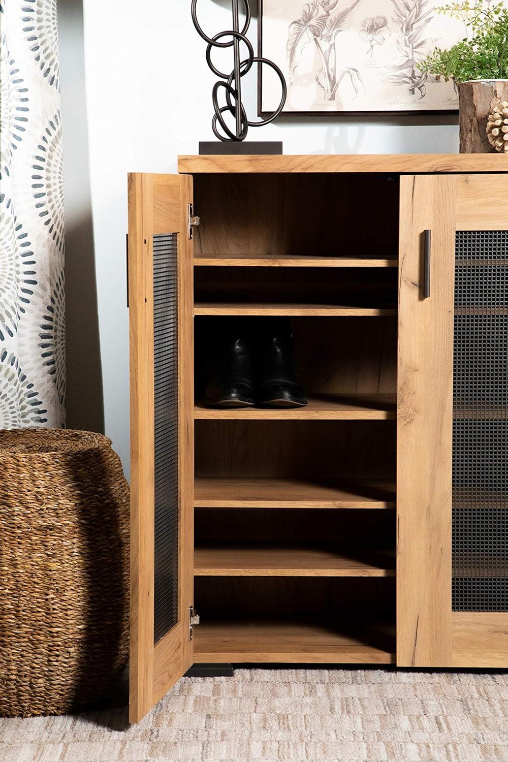 Golden Oak and Gunmetal Mesh Door Accent Cabinet