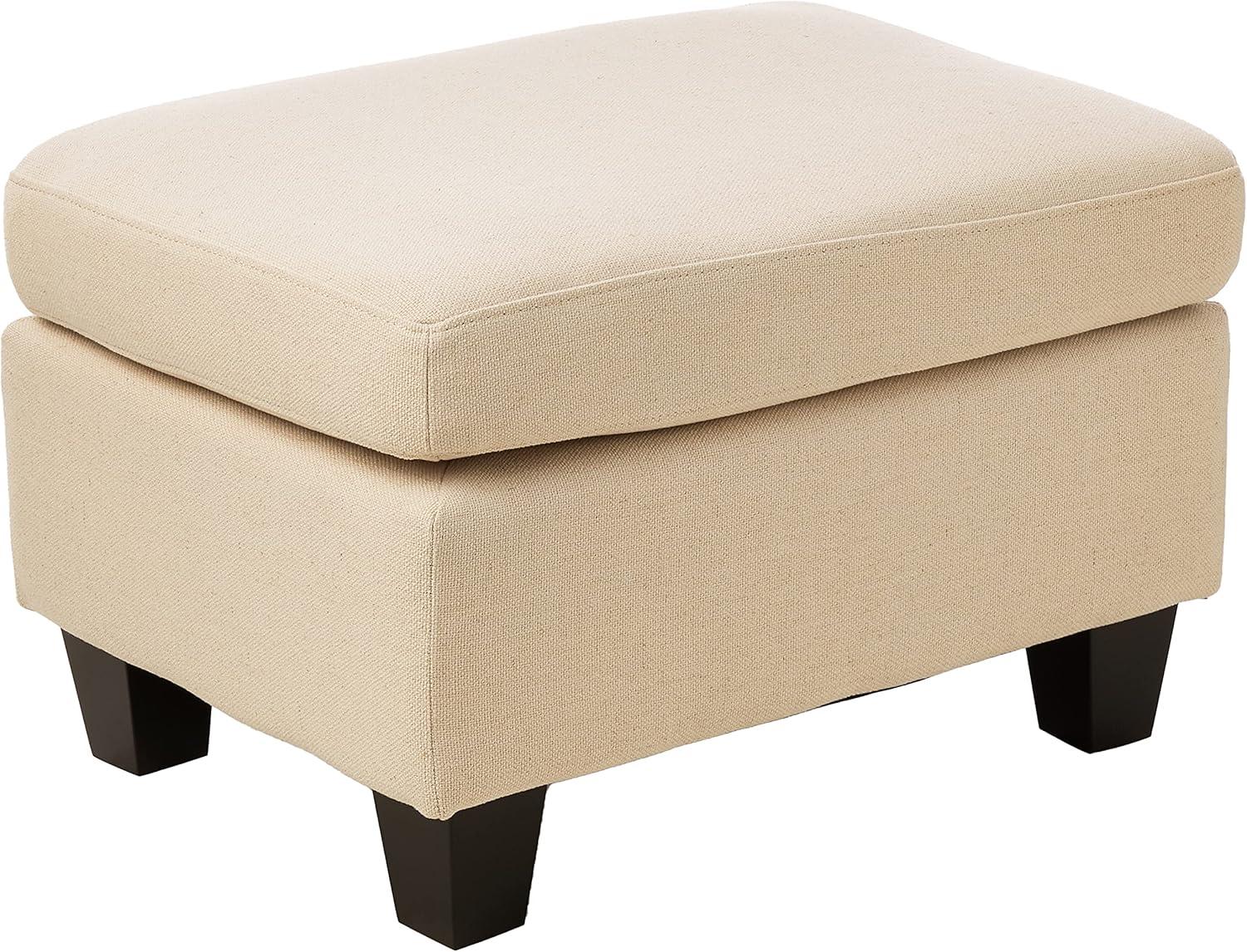 Beige Linen Upholstered Ottoman with Birch Legs