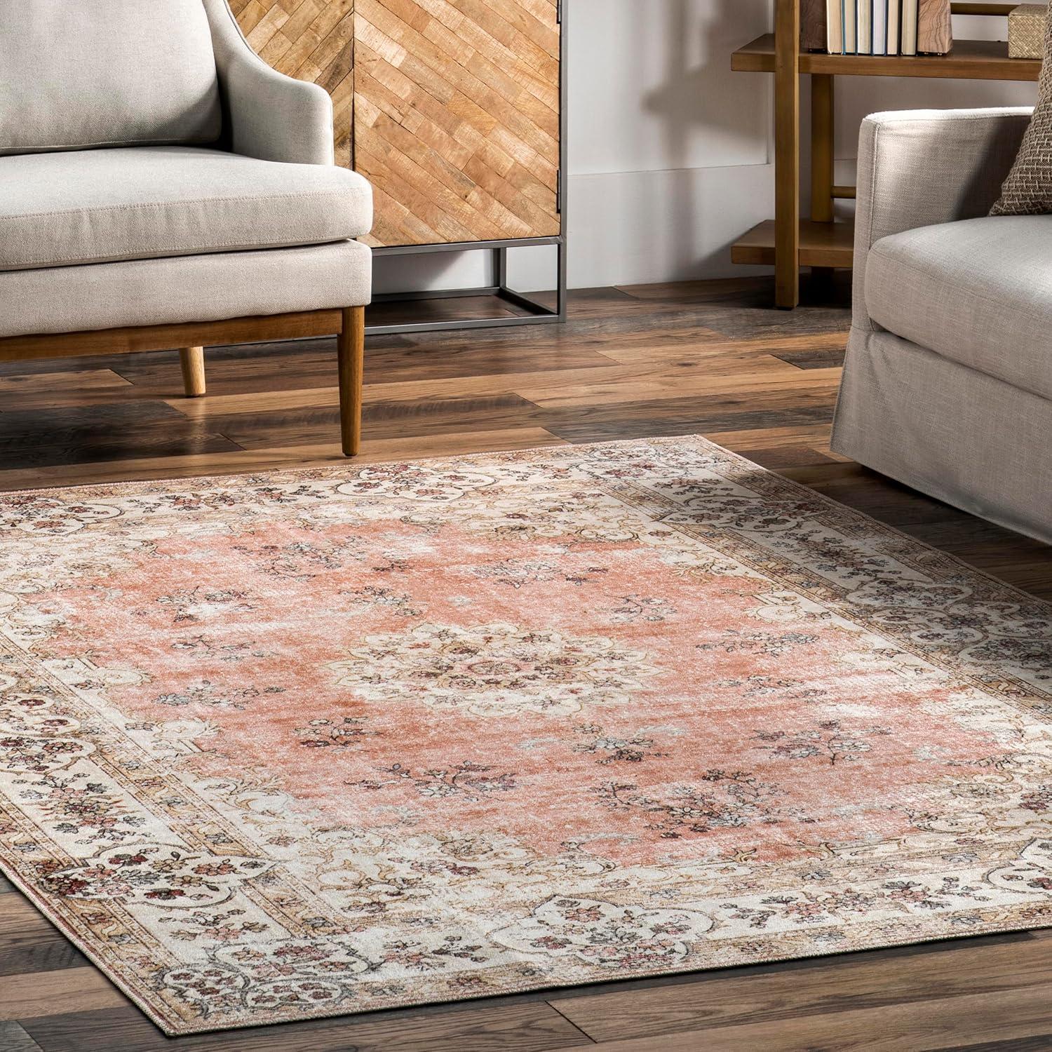 Ivory Floral Synthetic Washable Rectangular Area Rug