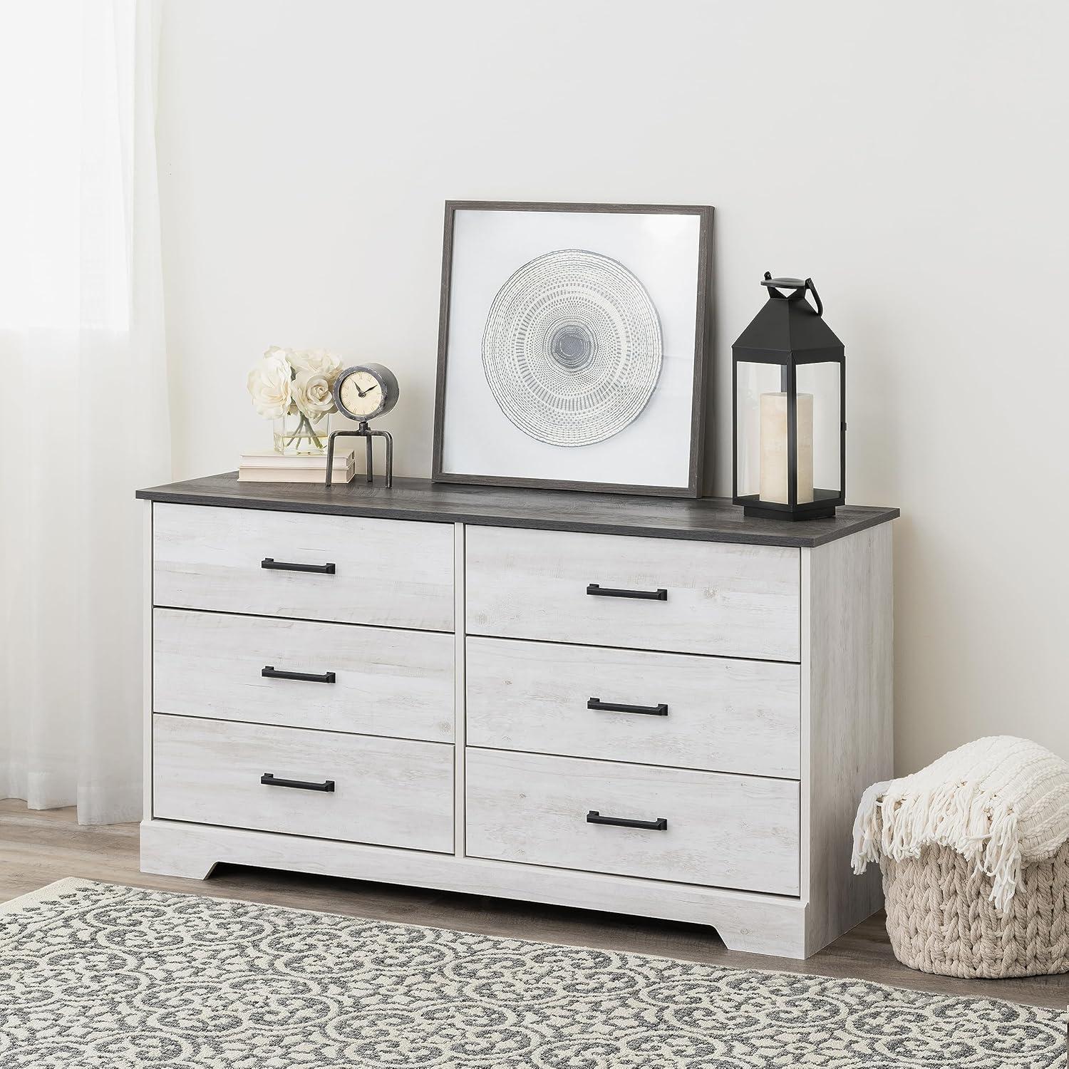 Prepac Rustic Ridge Farmhouse 6 Drawer Bedroom Dresser Washed White