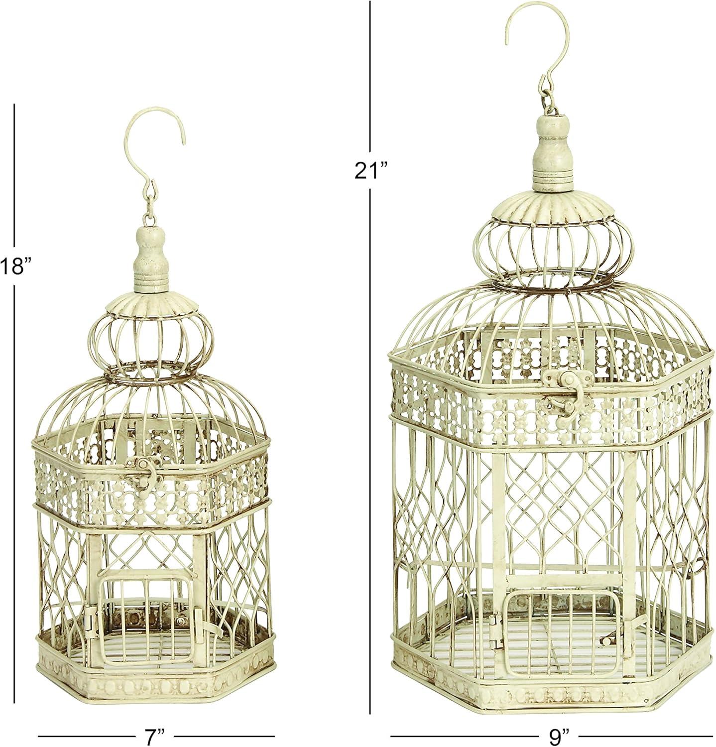 DecMode Cream Vintage Metal Birdcage with Crisscross Vertical Bars and Floral Embossed Design, Set of 2 21", 18"H