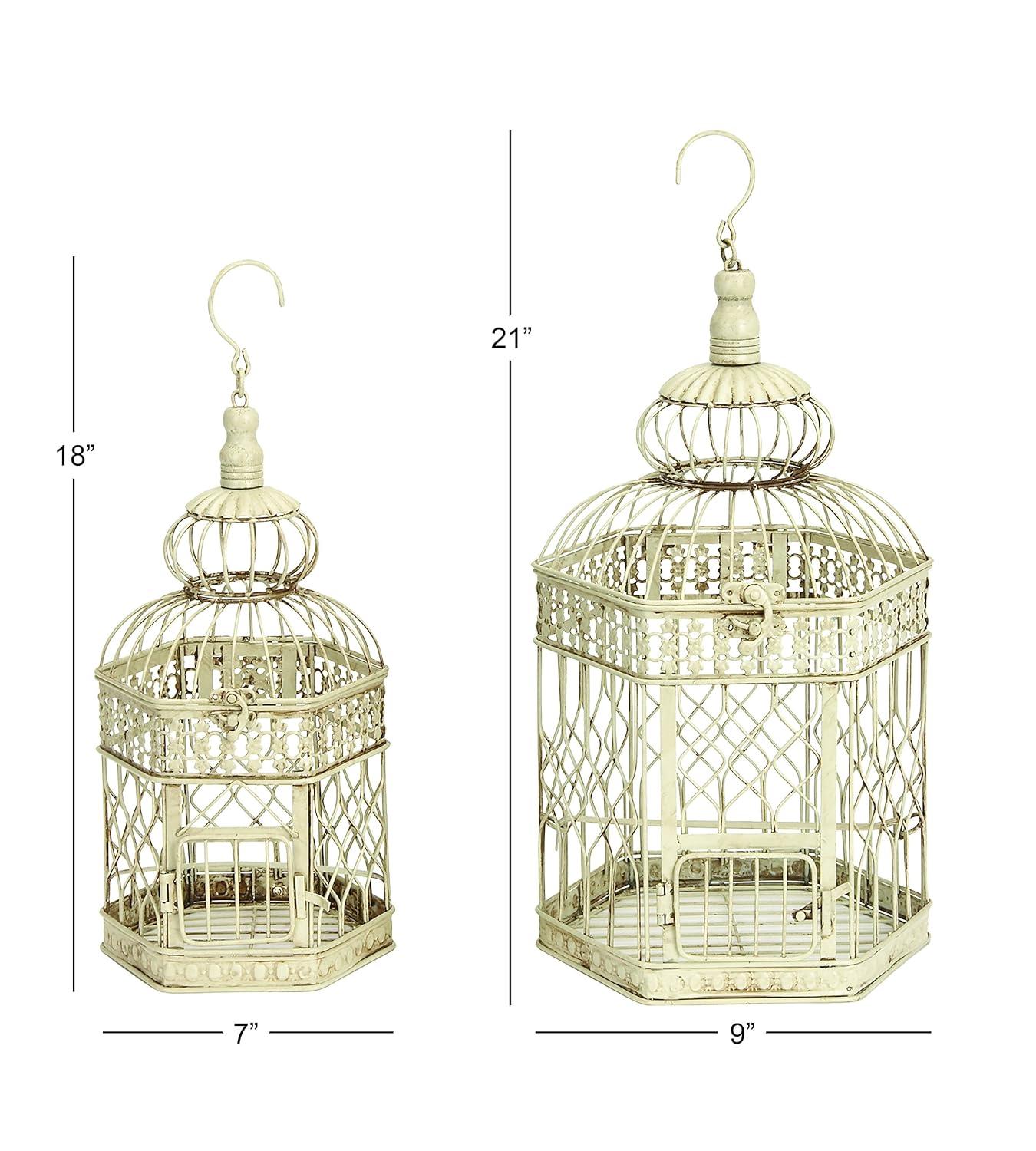 DecMode Cream Vintage Metal Birdcage with Crisscross Vertical Bars and Floral Embossed Design, Set of 2 21", 18"H