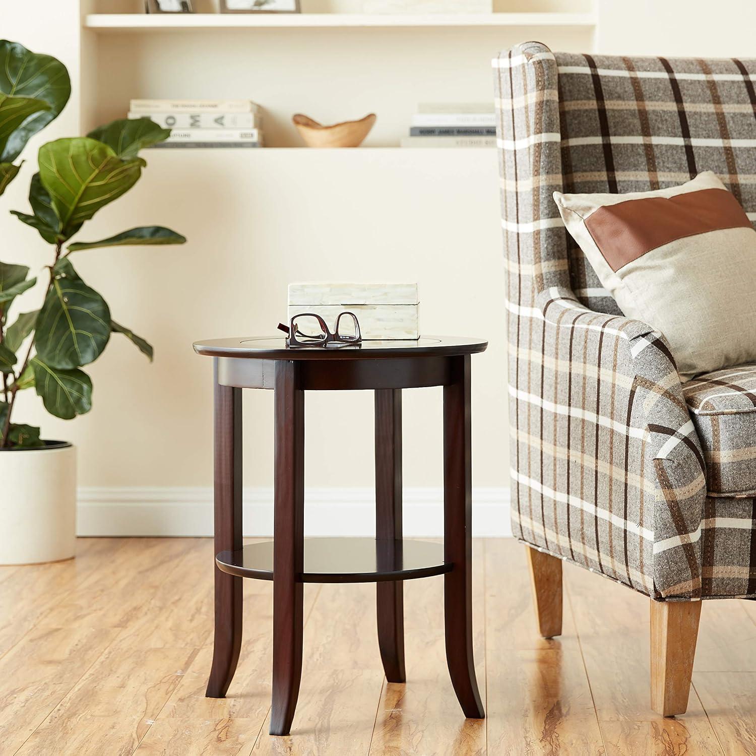 Espresso Round Wood and Glass Side Table with Shelf