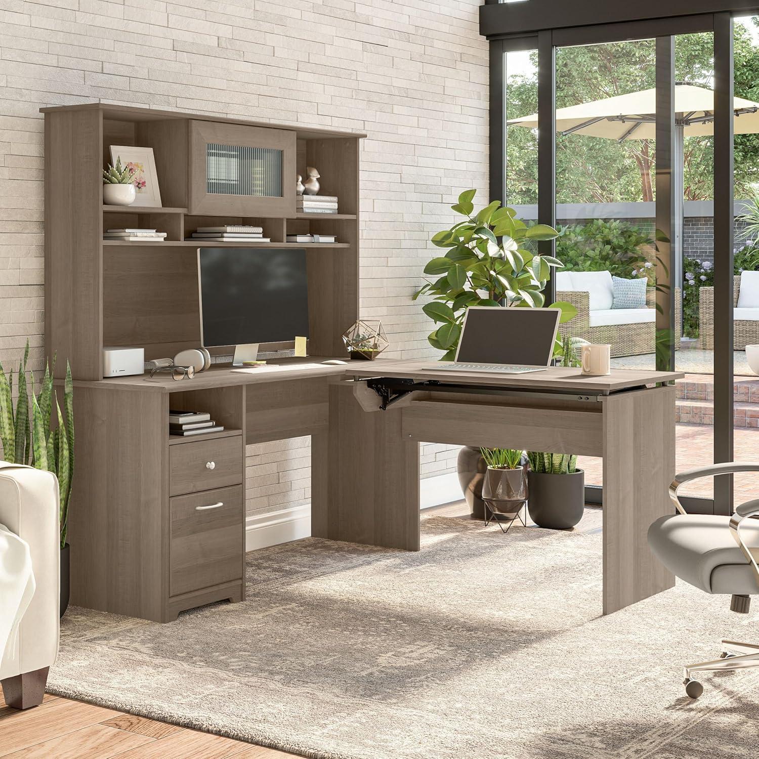 Cabot 60W Sit to Stand L Shaped Desk with Hutch in Modern Gray - Engineered Wood