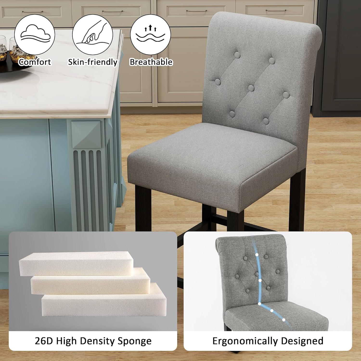 Drevy Bar Stools Set of 2, 24 inch Fabric Counter Height Bar Stools, Kitchen Island Wood Bar Chairs, Solid Wood Legs Barstools, Grey