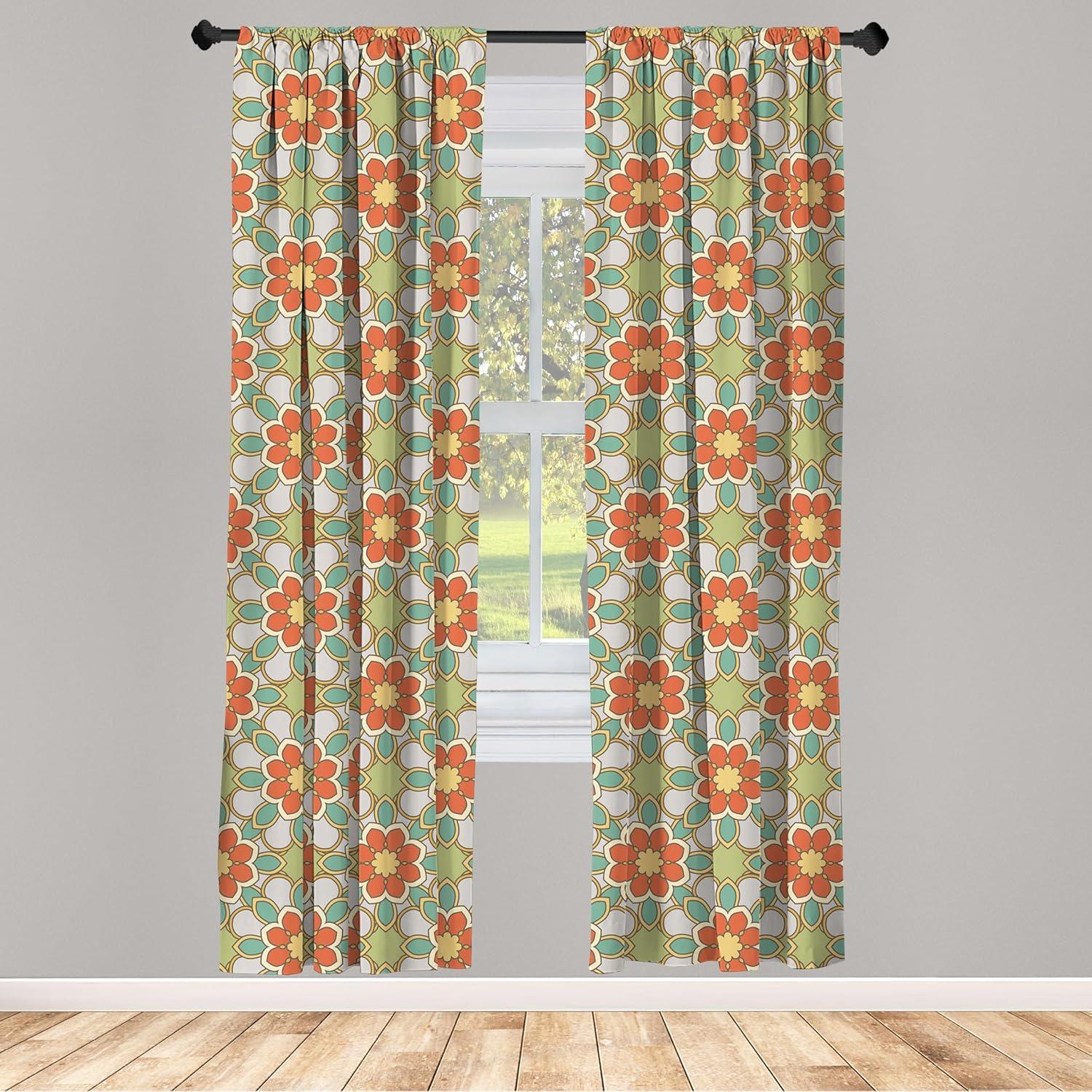 Floral Window Curtains, Print of Rhythmic Abstract Nostalgic 60's Flowers Petals Blossoms in Retro Tones, Lightweight Decor 2-Panel Set with Rod Pocket, Pair of - 28"x84", Multicolor, by Ambesonne