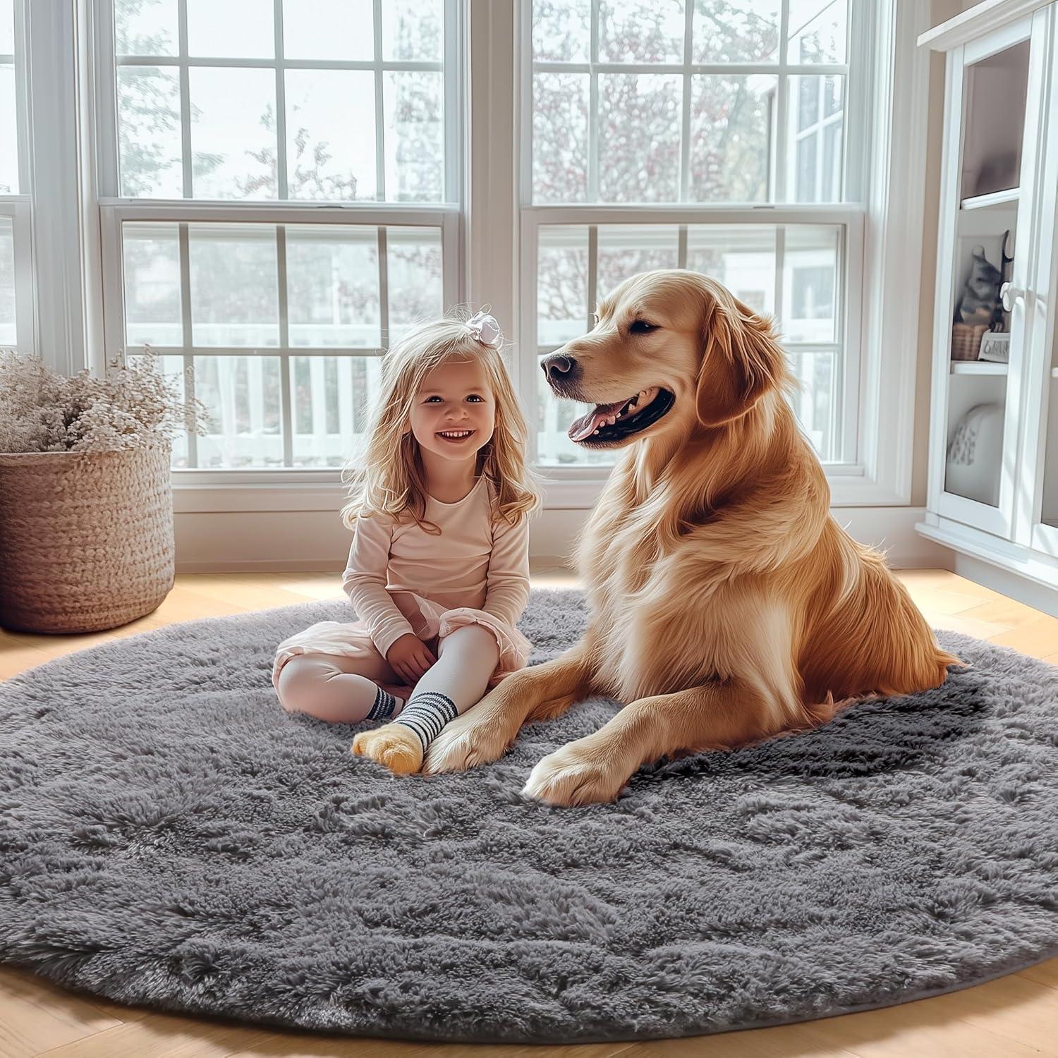 ONASAR Grey Round Area Rug 4ft, Gray Soft Bedroom Circle Throw Rugs for Kids Girls Boys Teen Dorm Room, Fluffy Plush Shaggy Carpet Mats for Nursery Living Room Playroom Home Office Decor Aesthetic
