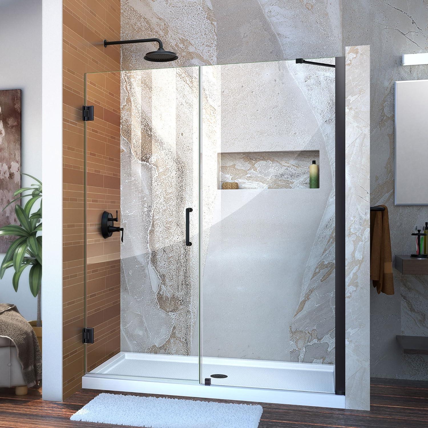 Unidoor 57" W x 72" H Hinged Frameless Shower Door and Fixed Panel with ClearMax Glass Treatment