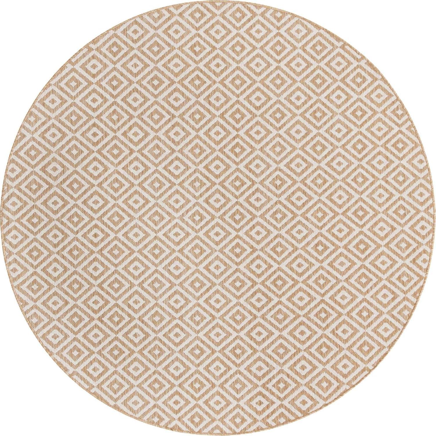 Beige Geometric Round Stain-Resistant Outdoor Rug