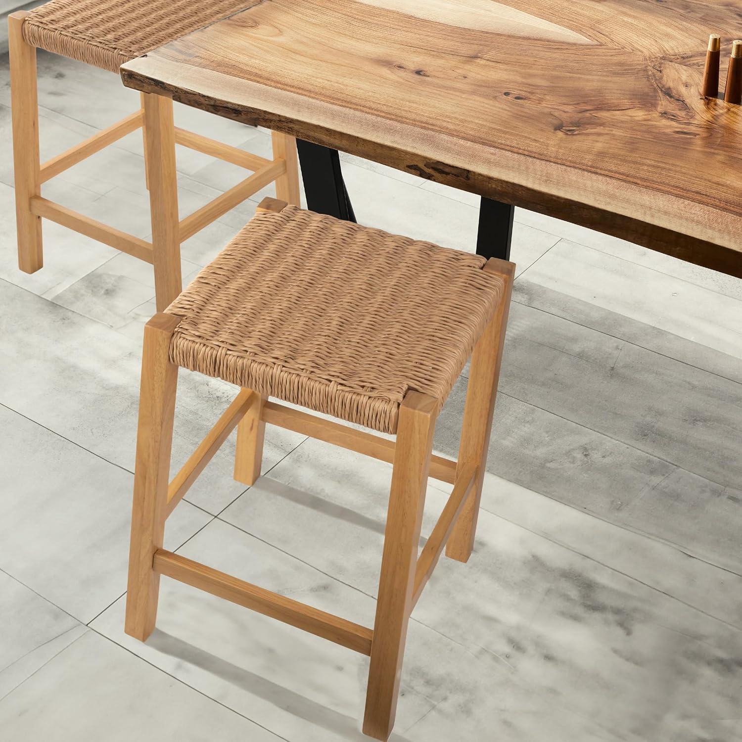 Natural Wood Backless Counter Stool with Woven Seagrass Seat