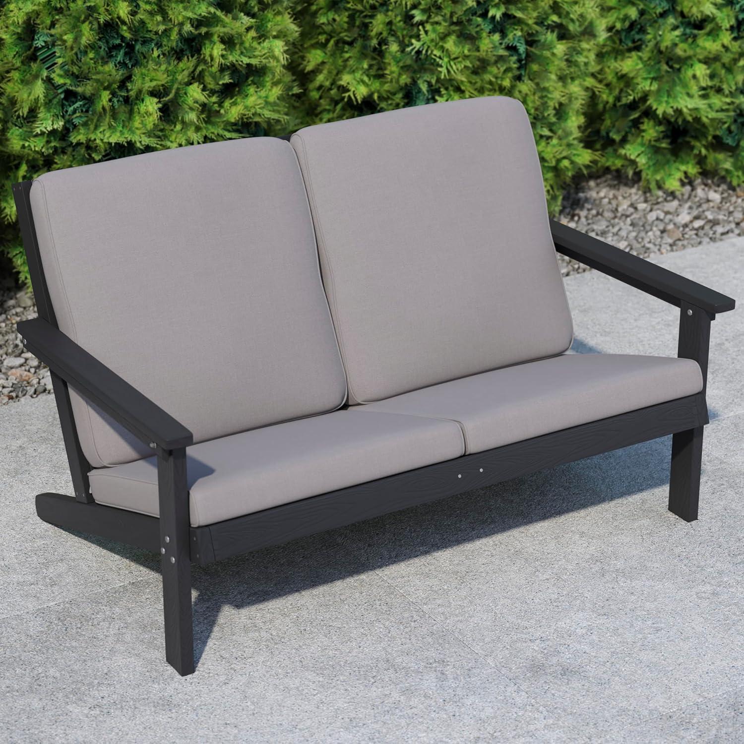 Flash Furniture Charlestown All-Weather Poly Resin Wood Adirondack Style Deep Seat Patio Loveseat with Cushions, Black/Charcoal