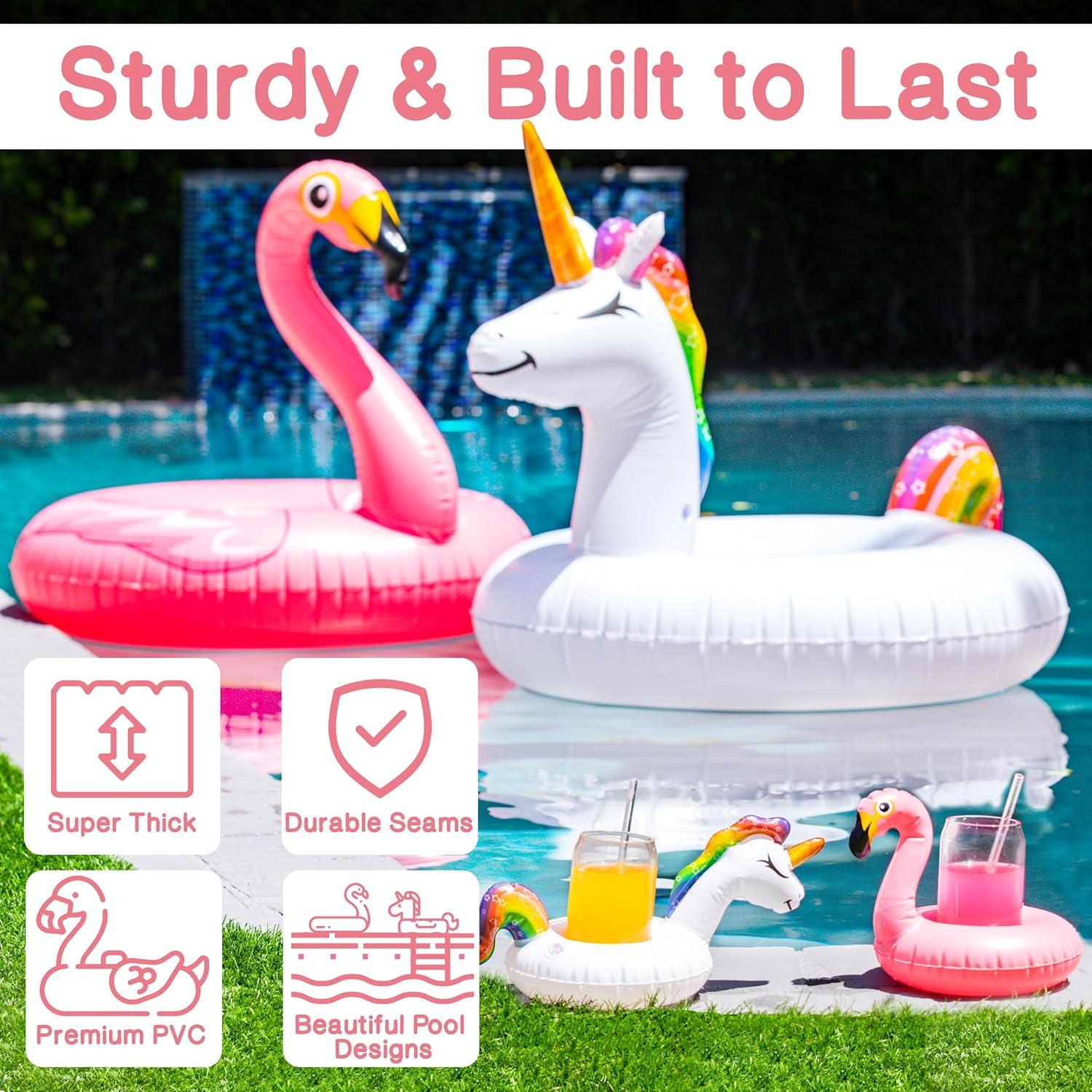 Joyfy 2 Packs Pool Floats Tube, Inflatable Unicorn Flamingo Pool Toys Floaties with Headrest, Pool Swim Ring for Kids Adults Beach Lake Summer Fun