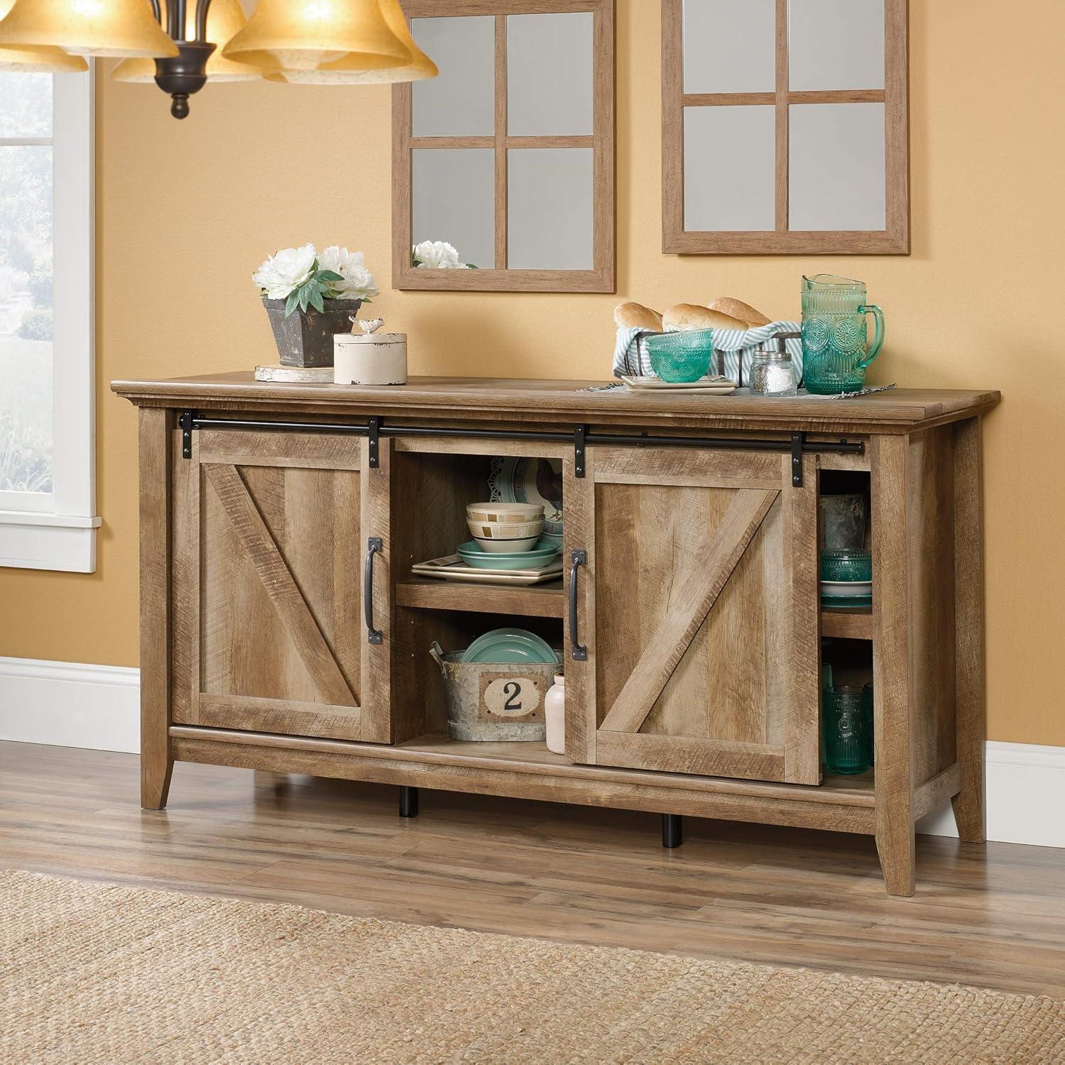 Dakota Pass TV Stand for TVs up to 70" Dark Brown - Sauder: Craftsman Oak Finish, Sliding Doors, Adjustable Storage