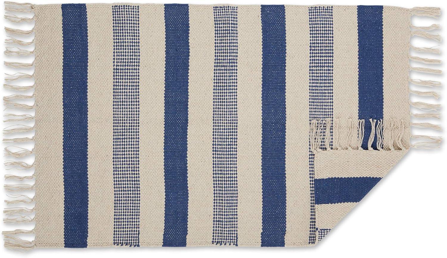 French Blue Striped Hand-Loomed Cotton Rug 24x36 Inch